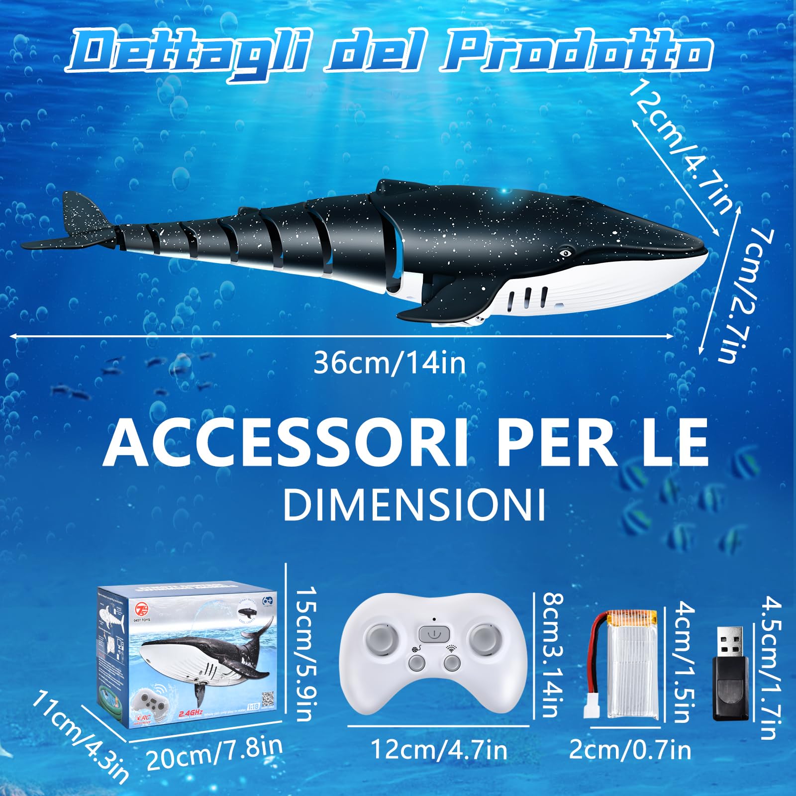 IEEILULU Balena Telecomandato, 2.4GHz Balena Giocattolo Telecomandato con USB, Giocattoli con Imbarcazioni Balena Telecomandata, RC Balena Regalo per Bambino di 6+ Anni Piscina Bagno (Blu)