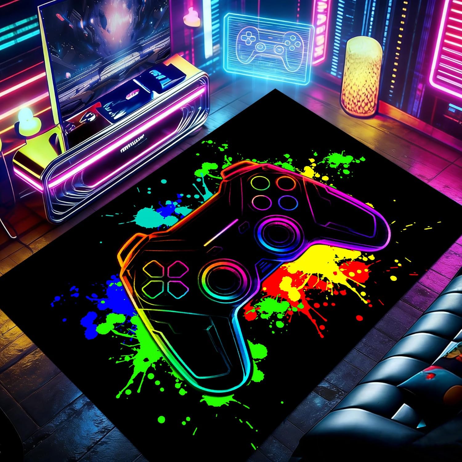 RICAUOU Gaming Rug for Game Rooms, 60x110cm Colorful Graffiti Game Controller Floor Mat for Boys' Bedrooms, Gamer Room Decor, Non-Slip and Washable Rug for Living Rooms and Entryway