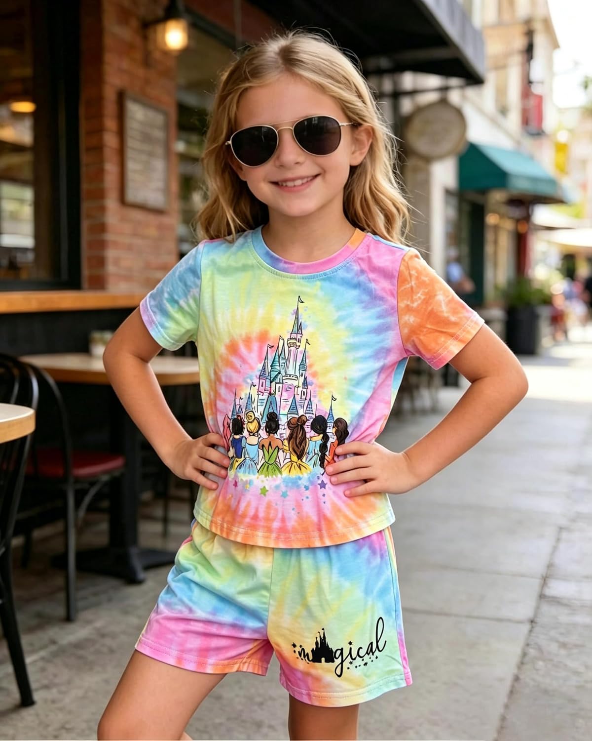 Magic Kingdom Princess Outfits For Girl Castle Tie Dye Graphic Set Casual Family Vacation 2 Piece Outfits