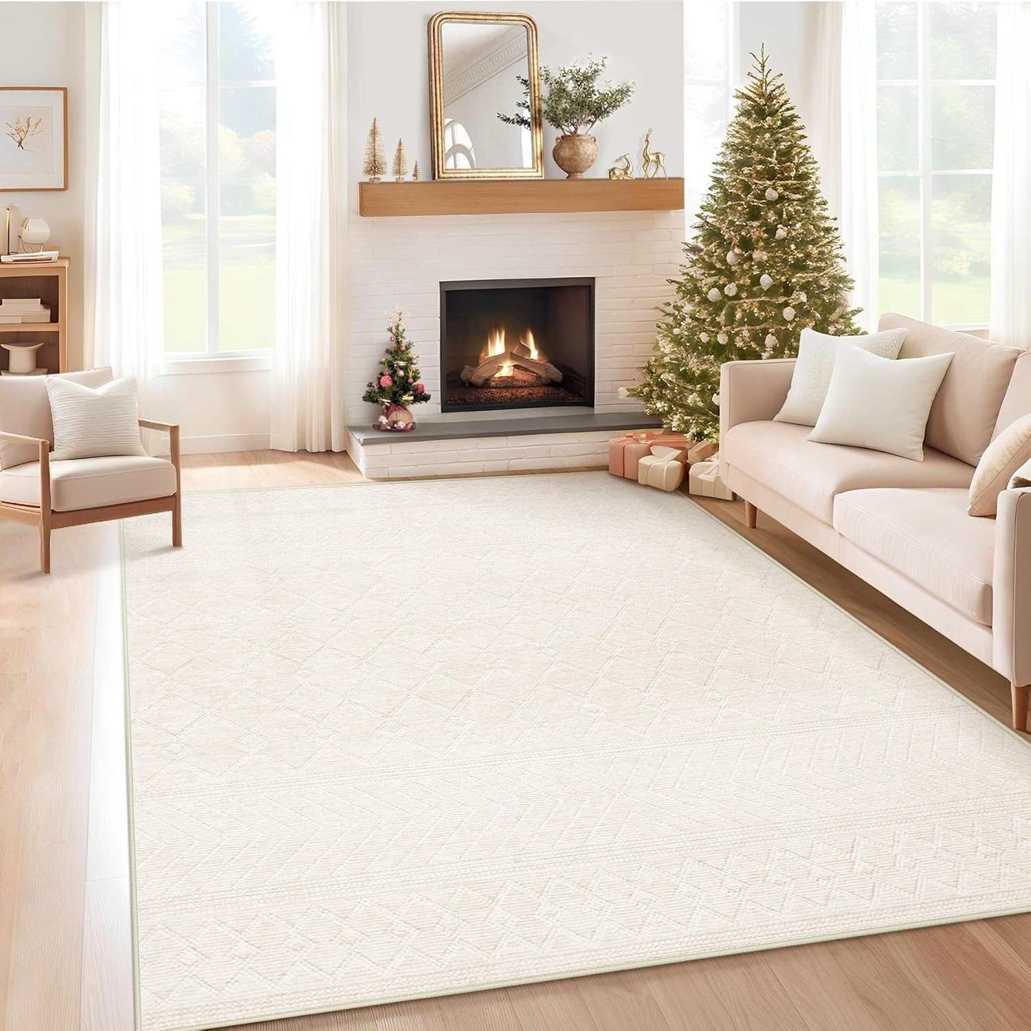 6x9 Area Rug Living Room: Washable Boho Geometric Moroccan Rug Neutral Modern Farmhouse Indoor Soft Non Slip Ultra Thin Printed Pattern Carpet for Dining Room Bedroom Nursery Home (Beige, 6'x9') Beige 6' x 9' (Rectangular)