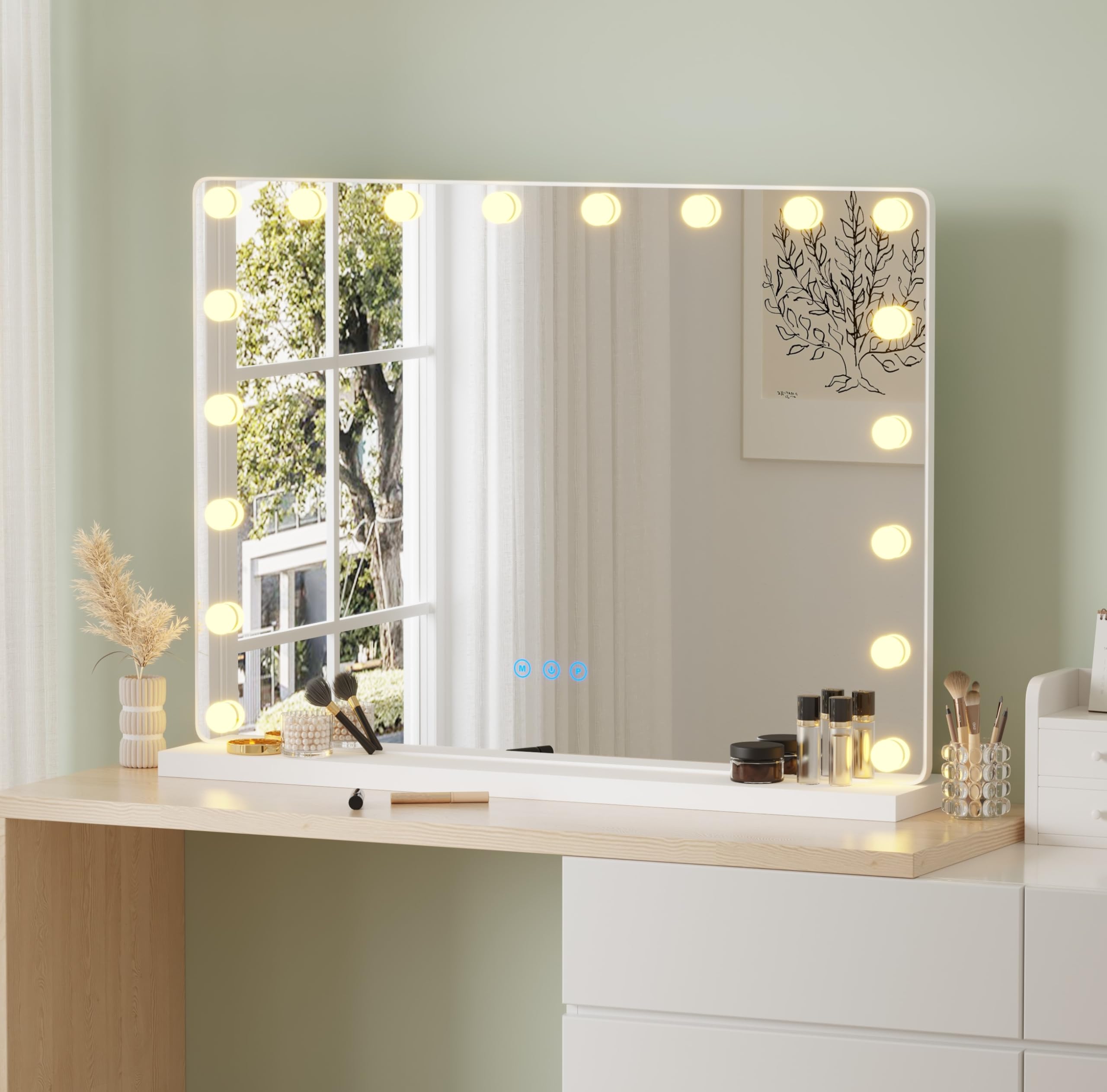 Hollywood Vanity Cosmetic Mirror with LED Lights, 80 x 60cm Large Makeup Mirror with 18 Dimmable Bulbs and 3 Lighting Modes
