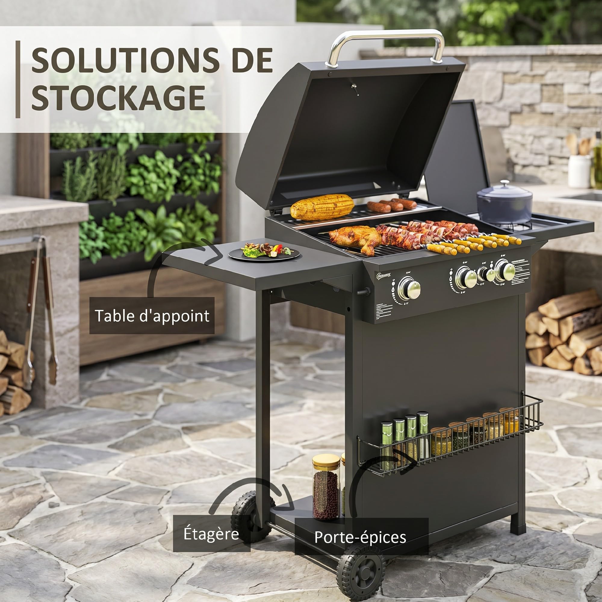 Outsunny Barbecue Gaz 3+1 Brûleurs en Acier, Puissance 9,5 kW, Grill de Jardin avec 2 Grilles Chromées, Étagères Latérales, Couvercle, Thermomètre, 2 Roues, Noir