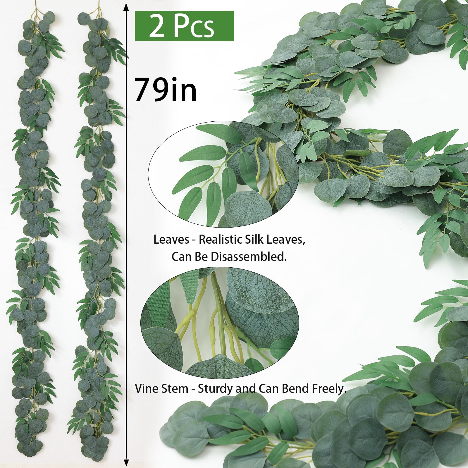 Ghirlanda Eucalipto Artificiale 183 Cm, 2 Pezzi, Verde Grigio, Pianta Finta Per Decorazioni Matrimonio, Pareti E Archi