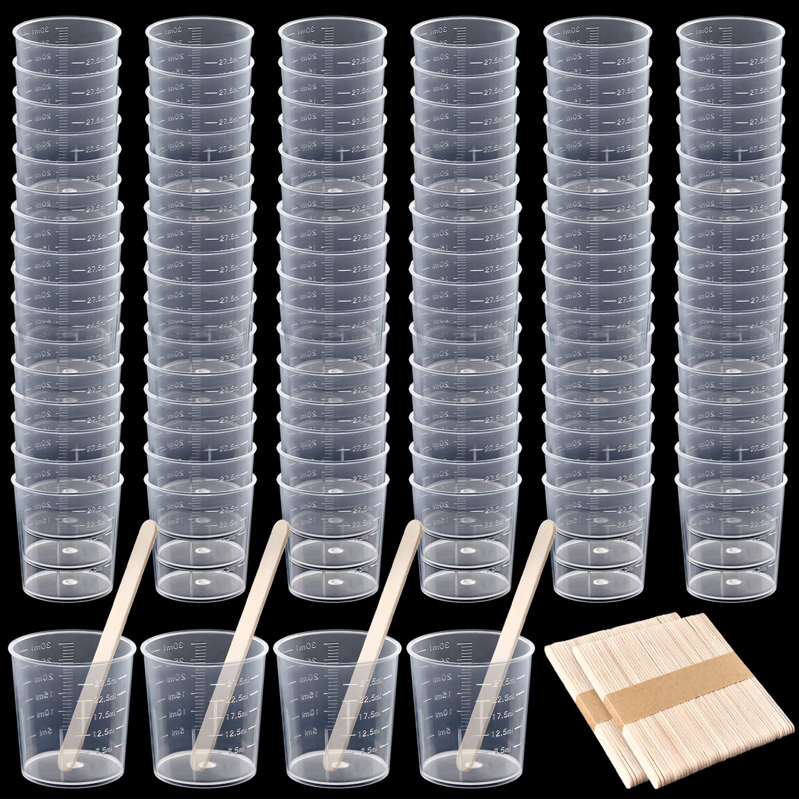 Coopay Vasos graduados de plástico transparente de 30 ml, vasos transparentes de escamas de 30 ml, con 100 varillas de madera para mezclar, resina, epoxi, manchas, pintura mezcladora
