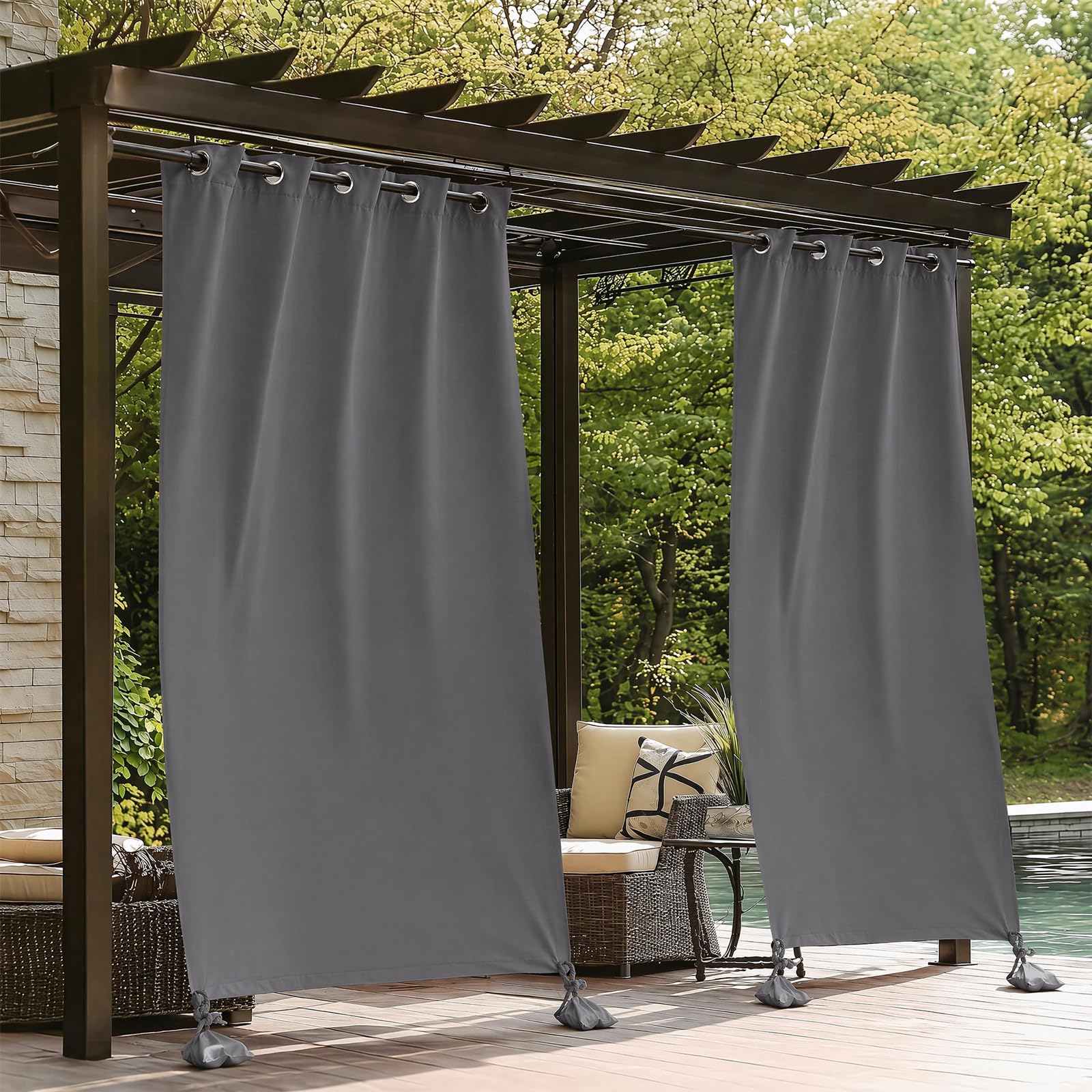 Outdoor Vorhang Wetterfest, Outdoorvorhänge mit Ösen und Gewichteten Säcken, für Pavillon Terrasse Pergola Balkon Garten, 2er Set, B 132 x H 243cm (Dunkelgrau)