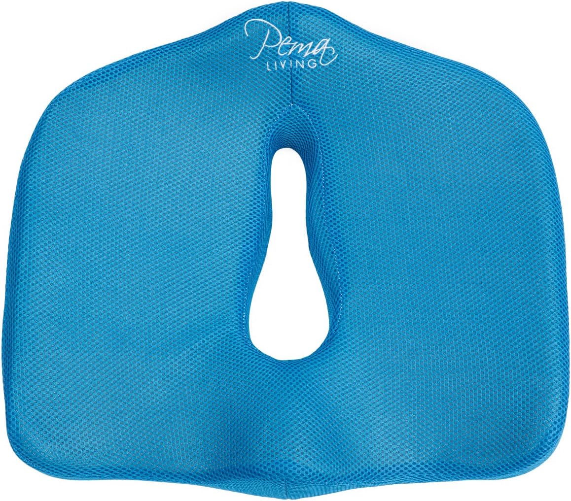 Coccyx Cushion - Bonus Carry Handle - Comfort Pillow Seat Pad - Relieve Lower Back & Tailbone - Memory Foam Support - Portable Ergonomic - Donut Chair for Car, Office, Travel (Blue)