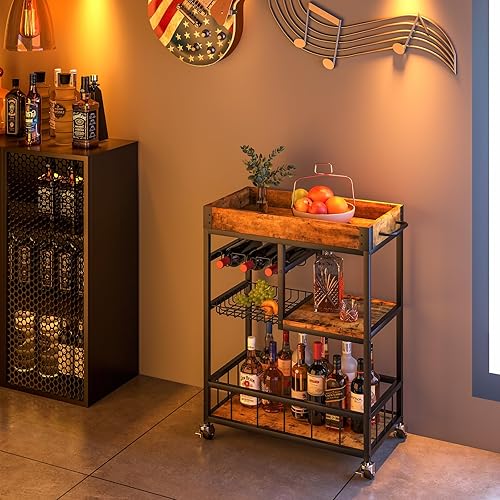 Miniatura 2 de Carro de bar con cesta de 3 niveles, carrito de vino móvil para el hogar con ruedas, carrito de servicio de cocina industrial estilo vintage,