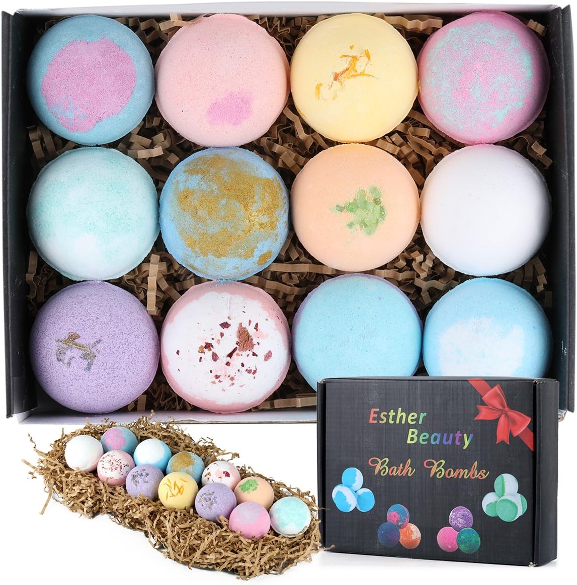 Esther Beauty Bath Bombs Gift Set Natural Essential Oils Soothing&Moist Skin/Relieve Dry Skin 12×2.5oz Perfect for Bubble & Spa Bath,Best Gift Ideas for Kid, Girlfriends, Women, Mom (12 Ball)
