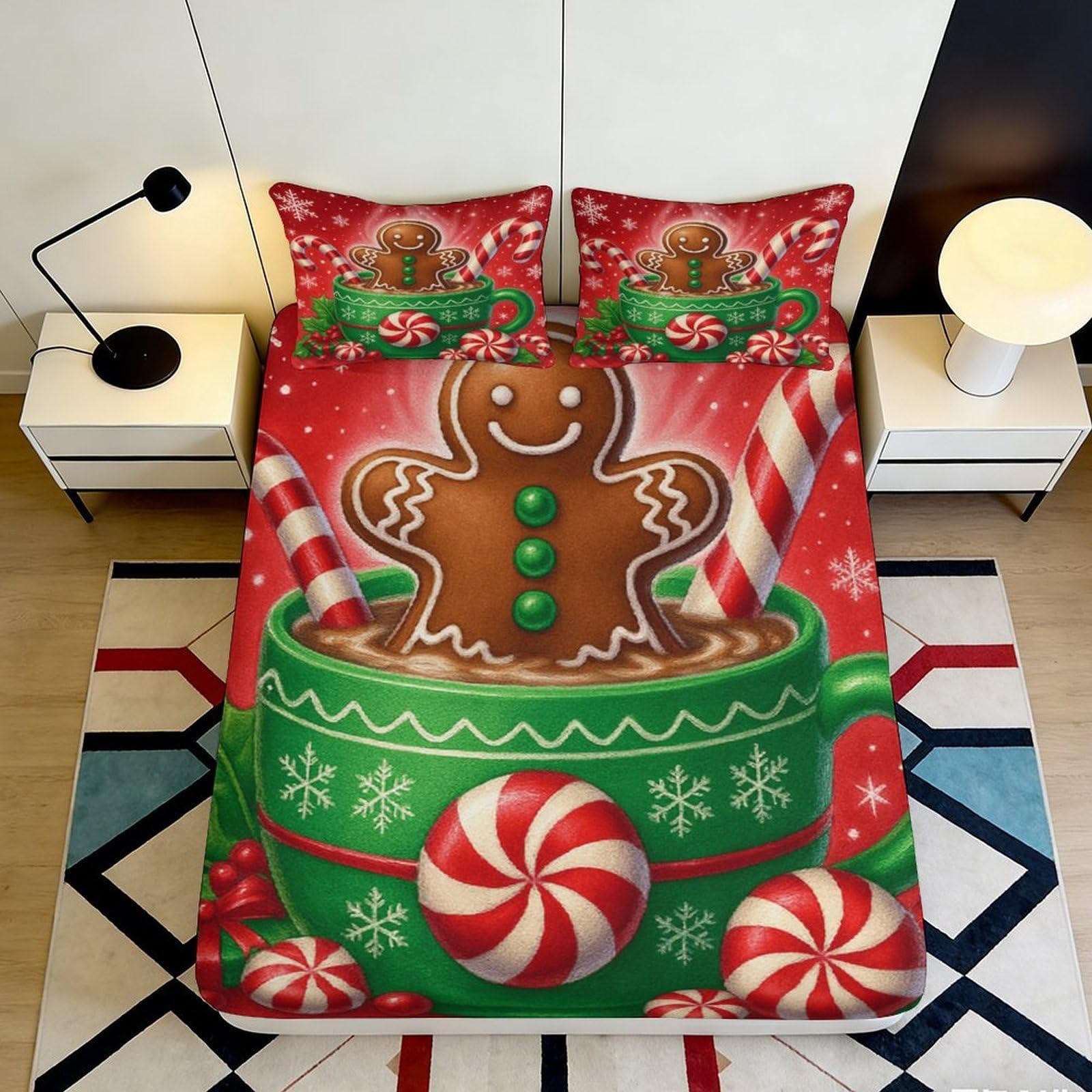 3D Printed Gingerbread Candy Fitted Sheet Microfiber Deep Pocket Bedroom Bedding Gingerbread Sweets Mattress Fitted Cover 90x200x25cm