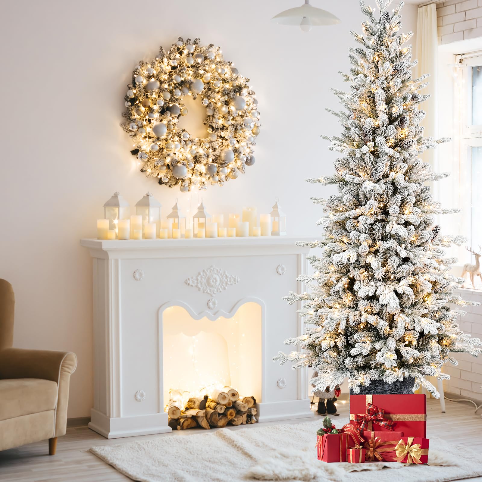 Mini albero di Natale artificiale da tavolo, 1,4 m, pre-illuminato, con 150 luci LED e 720 punte in PE e PVC, per porta d'ingresso, portico, interni ed esterni