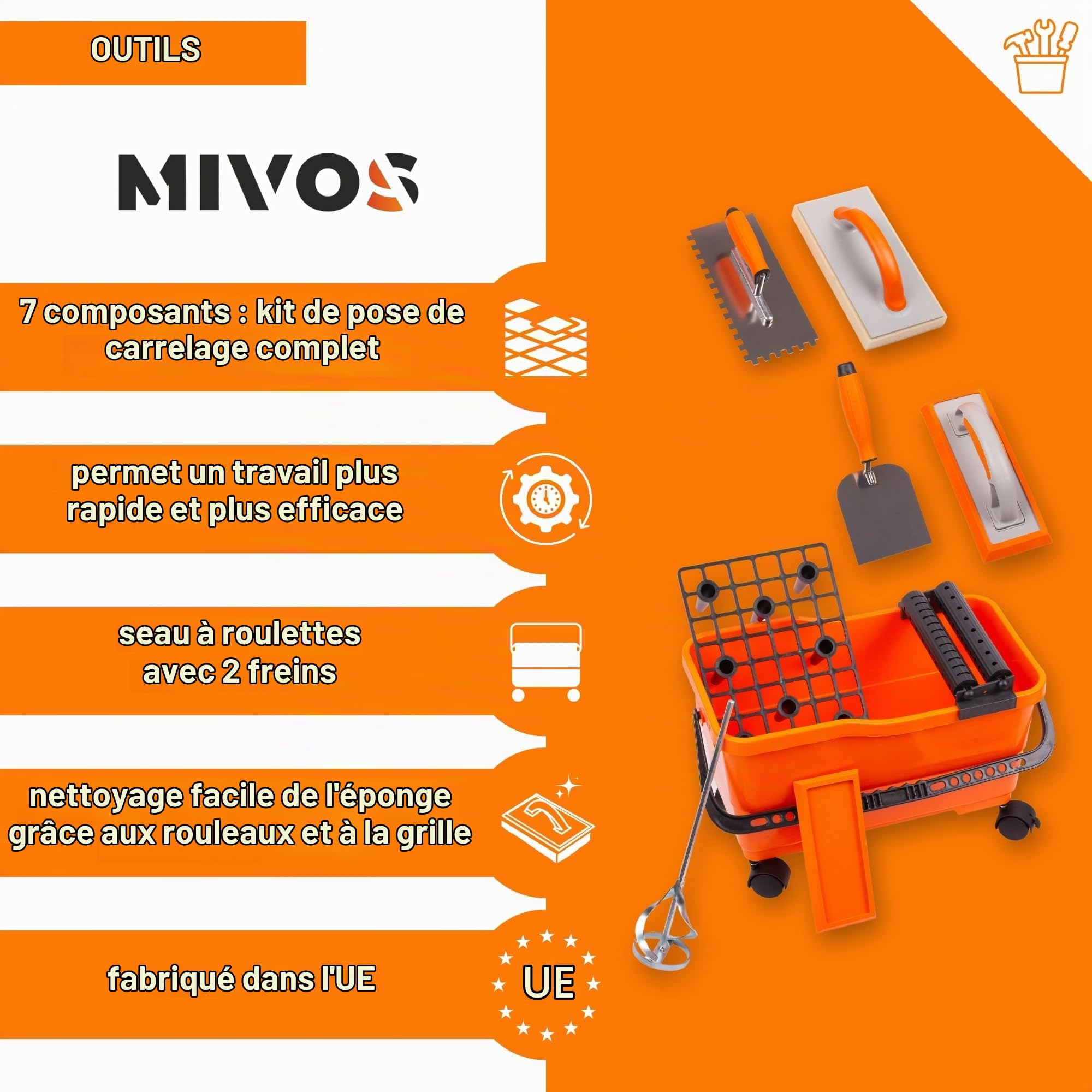 MIVOS Set de lavage de carrelage 7 pièces avec roues - professionnel - Spatule de stucateur - truelle dentée - Planche éponge - Planche à frotter - seau 22L - Mélangeur de mortier