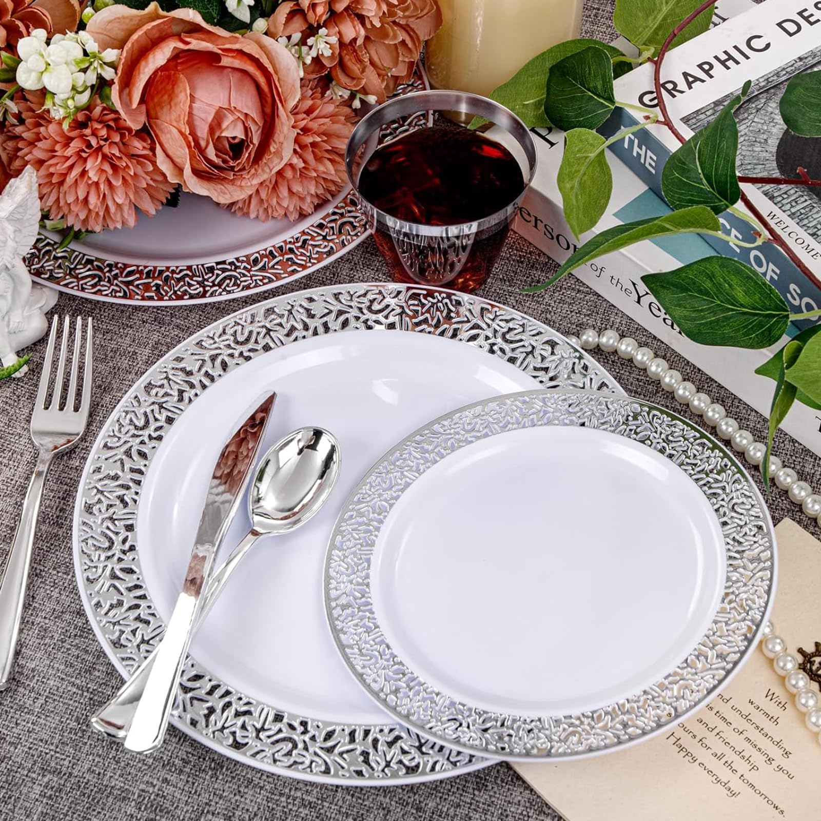 Juego de 50 platos de plástico blancos, 19 cm y 26 cm, reutilizables, platos de plástico reutilizables, para fiestas, platos de fiesta, platos de plástico con plateados para bodas, fiestas