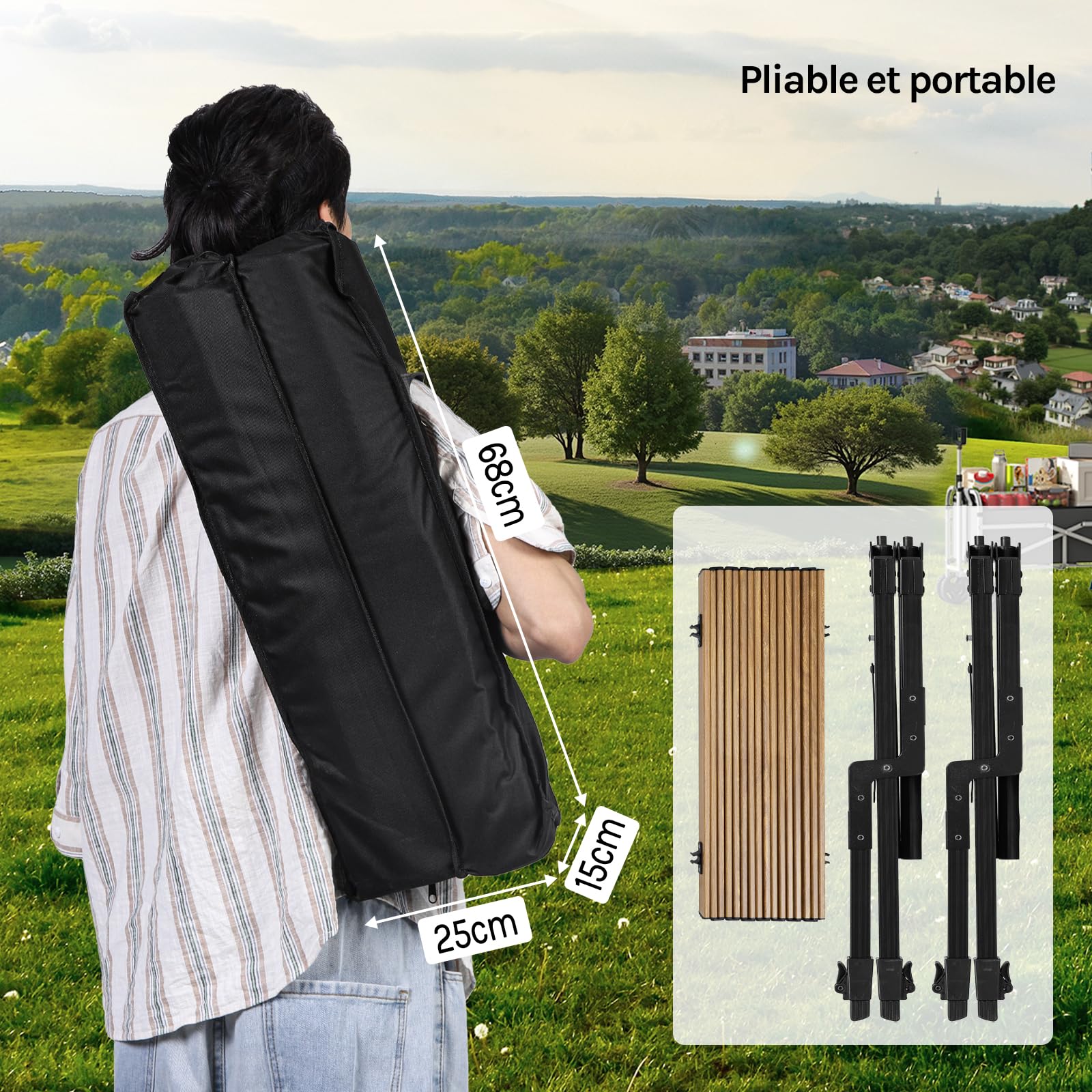 WOLTU Table Camping Pliante, Table Pliante Extérieure, Hauteur Réglable, Portable, Léger, Sac de Rangement, en Aluminium, pour Jardin, Pique-Nique, Charge 50kg, Chêne Clair