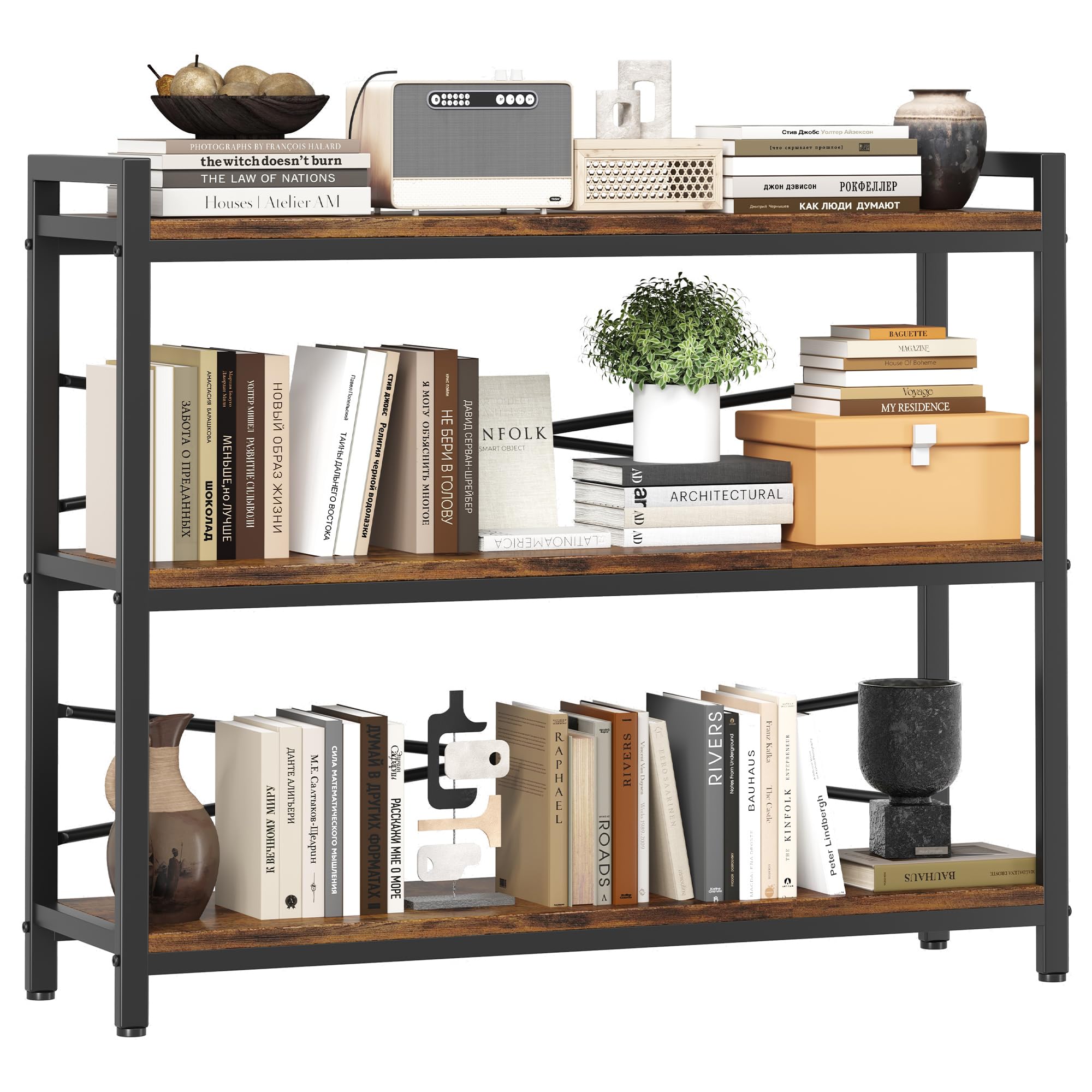 3 Tier Bookshelf 39.37" Width, Dorm Desk Hutch, Desk Shelf, Long Industrial Bookcase, Wooden Large Book Shelf for School Home Living Room Bedroom Office Storage(Vintage)