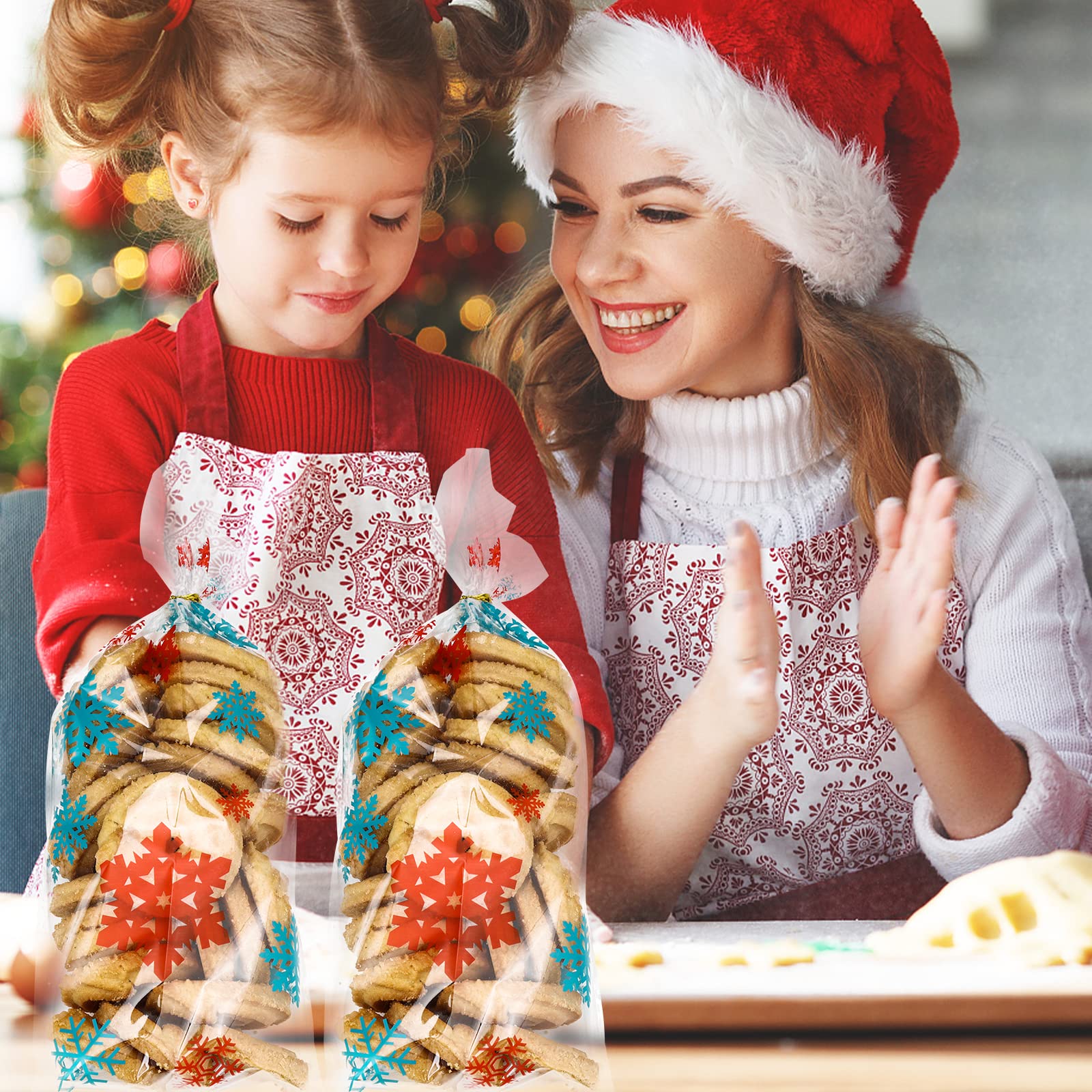 100 Sacs à Biscuits Et Bonbons De Noël Flocon De Neige Avec Attaches Torsadées, Sacs En Cellophane Transparent