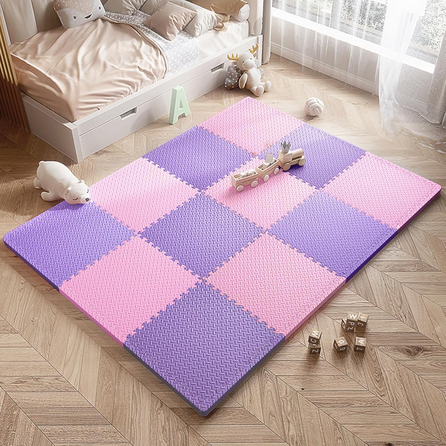 1 cal bardzo gruba piankowa mata podłogowa z 5 elementami 24x24 cale kwadratowe puzzle piankowe z krawędziami(Purple+pink)