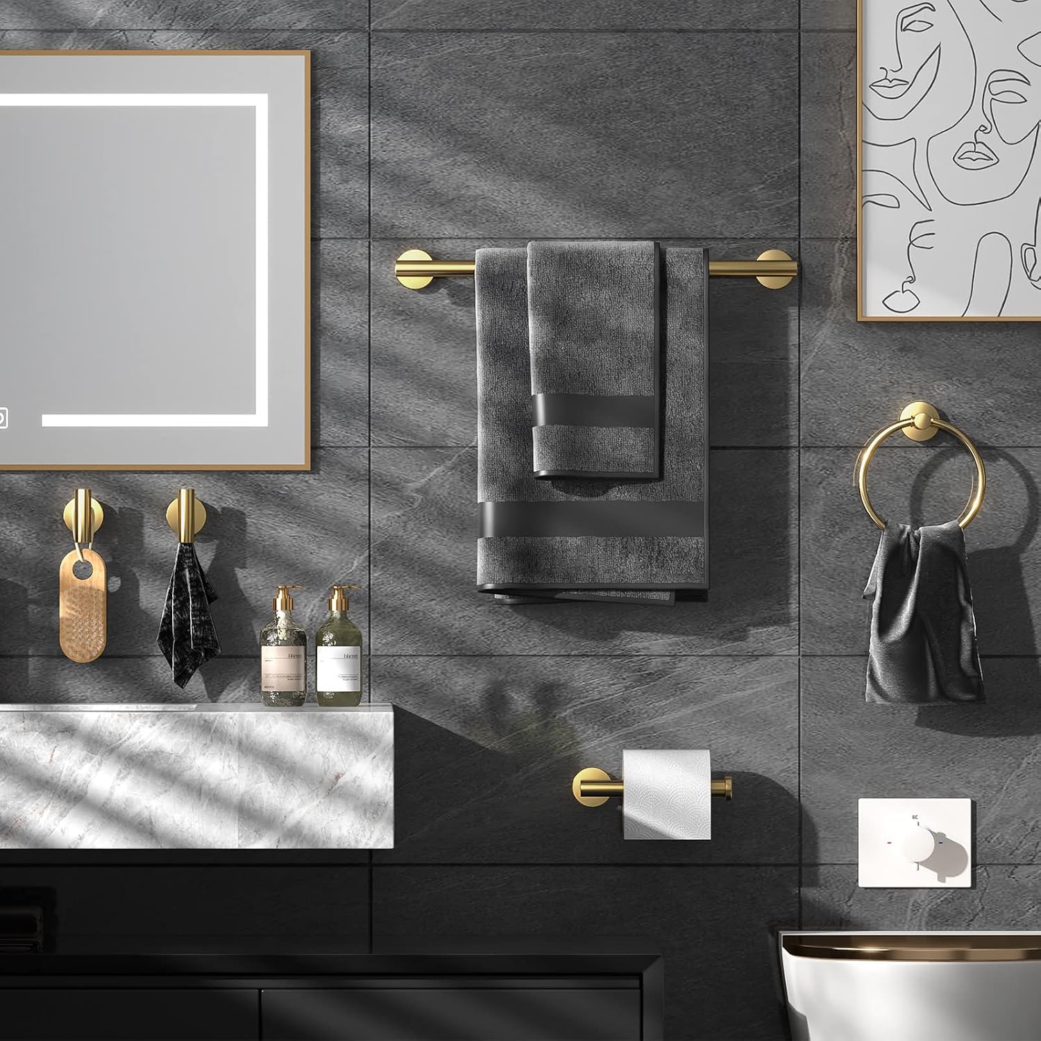 Bathroom Hardware Set Brushed Gold, 10pcs Towel Bar Set Including 2pcs16 inch Towel Bars, Toilet Paper Holders, Towel Rings and 4pcs Robe Towel Hooks image 2