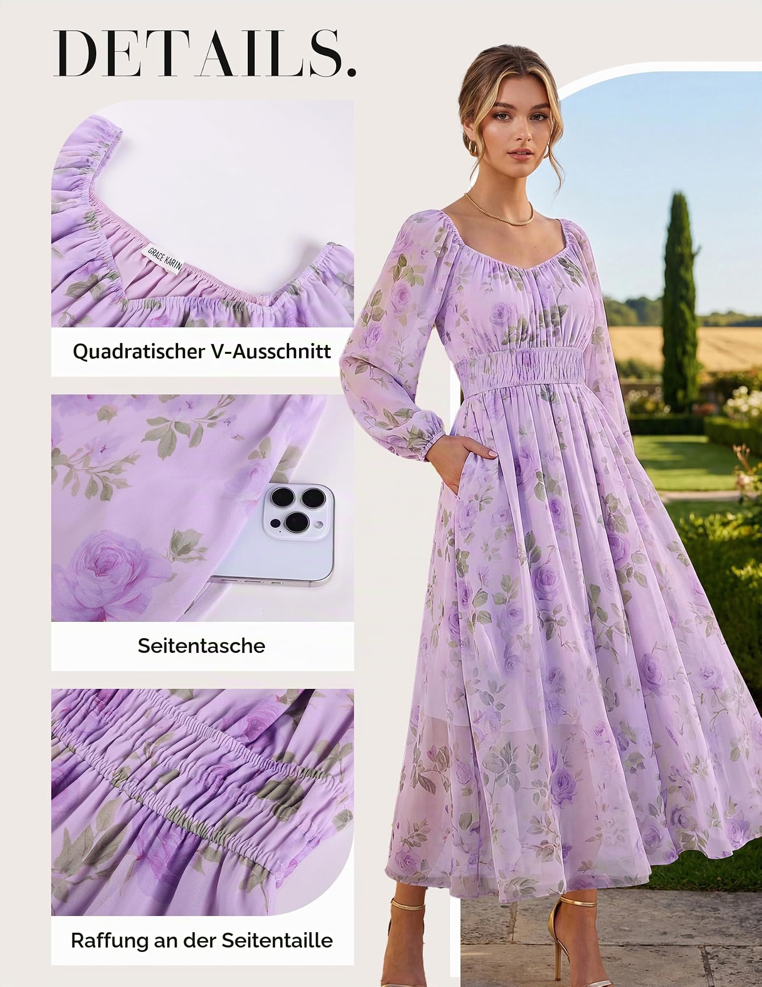 GRACE KARIN Damen A-Linie Kleid V-Ausschnitt Langarm Hochzeitsgast Blumen