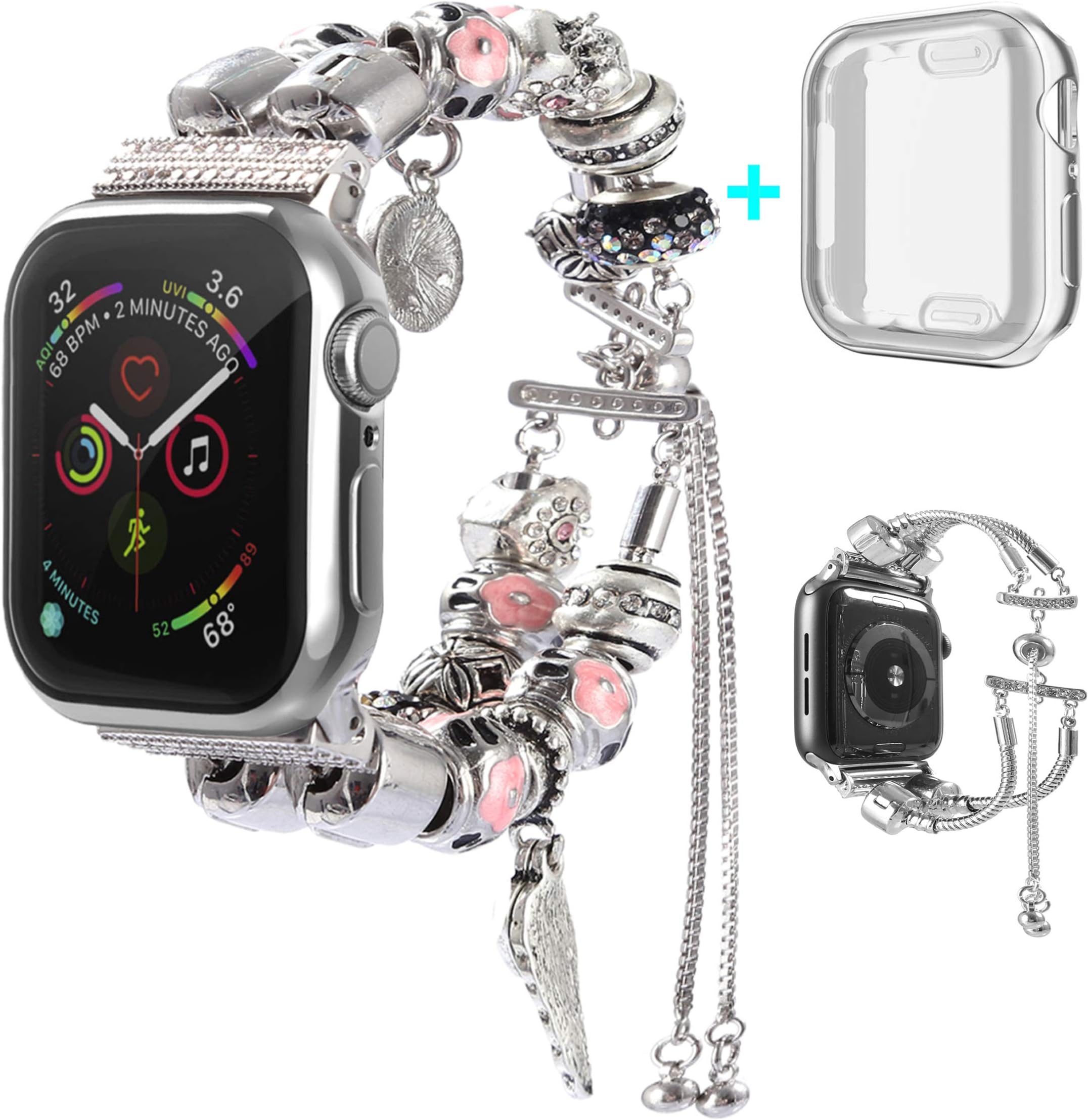 KoudHug 2 in 1 DIY Bracelet Compatible Apple Watch Band 38mm 40mm 42mm 44mm with Case iWatch Series 4 3 2 1, Jewelry Beaded Apple Watch Band Women Cuff Wristband (Silver, 42mm Band/Case)