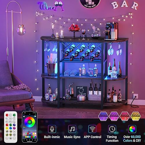 Vista 27 de Unikito Mesa de estante para vino con enchufe y luz LED, gabinete de barra de piso para licor y vasos, mesa de bar de café de madera con estante