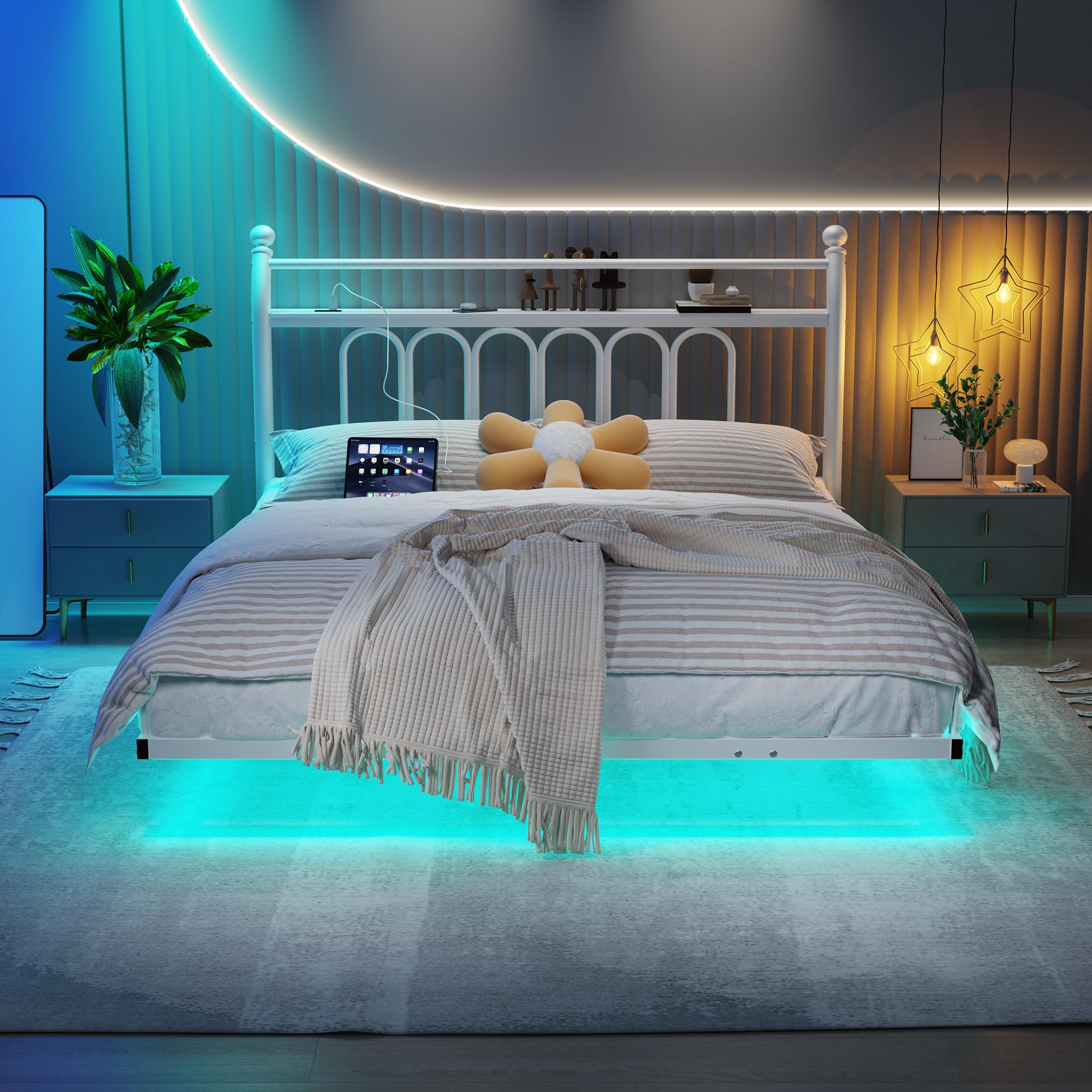 JELUTE King Floating Bed Frame, 150 x 200 cm, White Metal