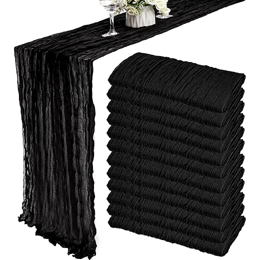 12 Pack 10Ft Cheesecloth Table Runner 35x120 Inch Boho Gauze Table Runner Rustic Cheese Cloth Long Romantic Table Runners for Wedding Bridal Shower Birthday Party Table Decor (Black)