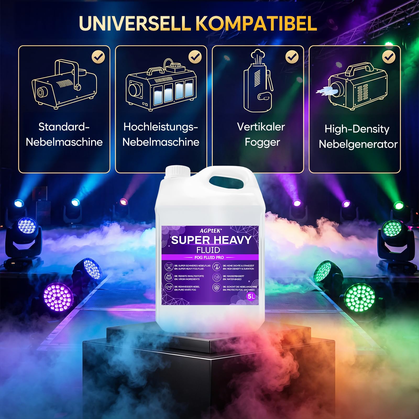 AGPtEK Nebelmaschine & 5L Nebelfluid mit hoher Dichte Set | Rauchmaschine mit Auto-Sprühmodus, 13 RGB-LEDs, 2000CFM, wasserbasiertes Fluid (400-1500W) für weiße Effekte innen & außen