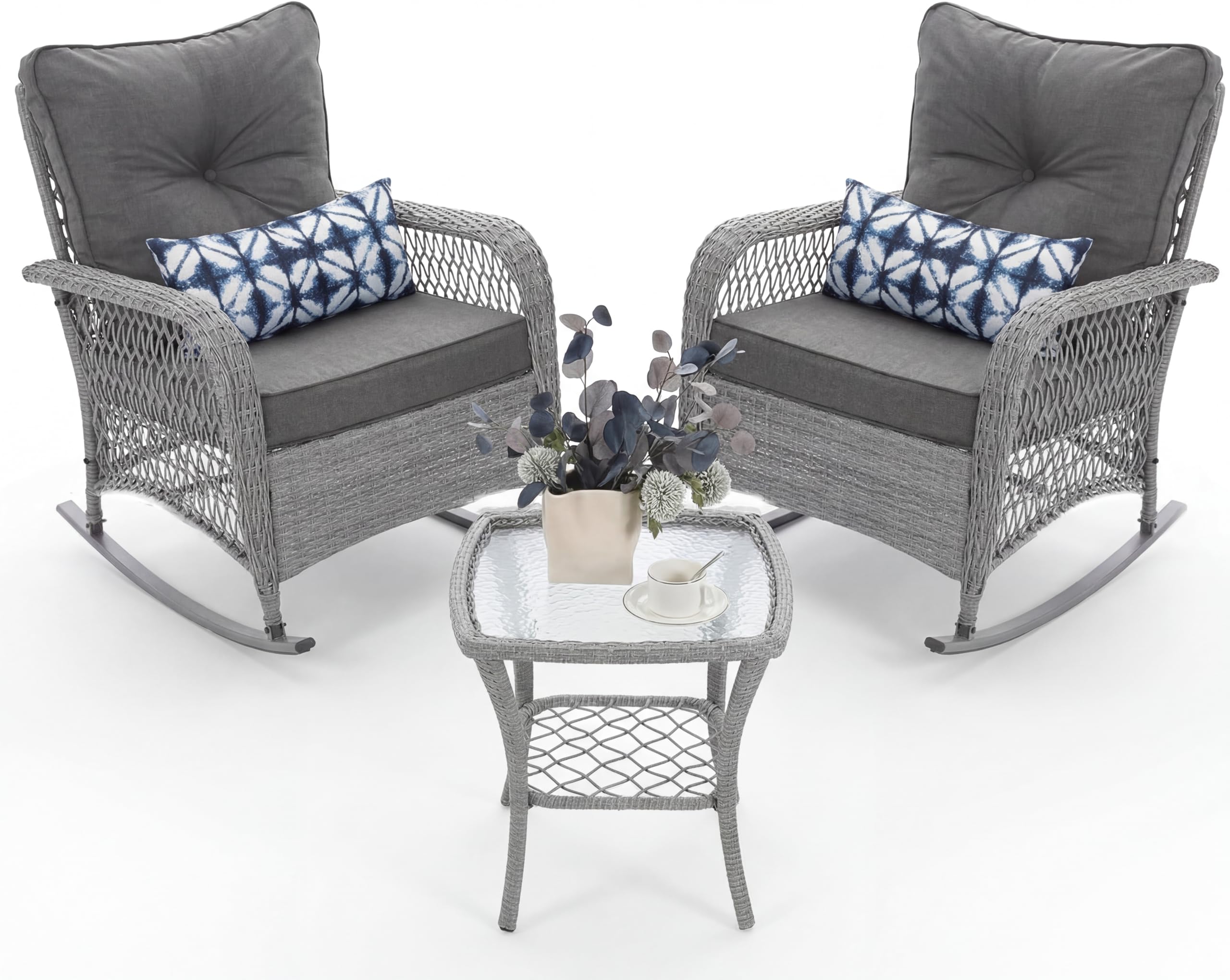 UDPATIO Rocking Chair Outdoor Set 2 with Coffee Table, 3 Piece Wicker Rocking Bistro Set with 4" Water-Resistant Cushions, Oversized, 350lbs