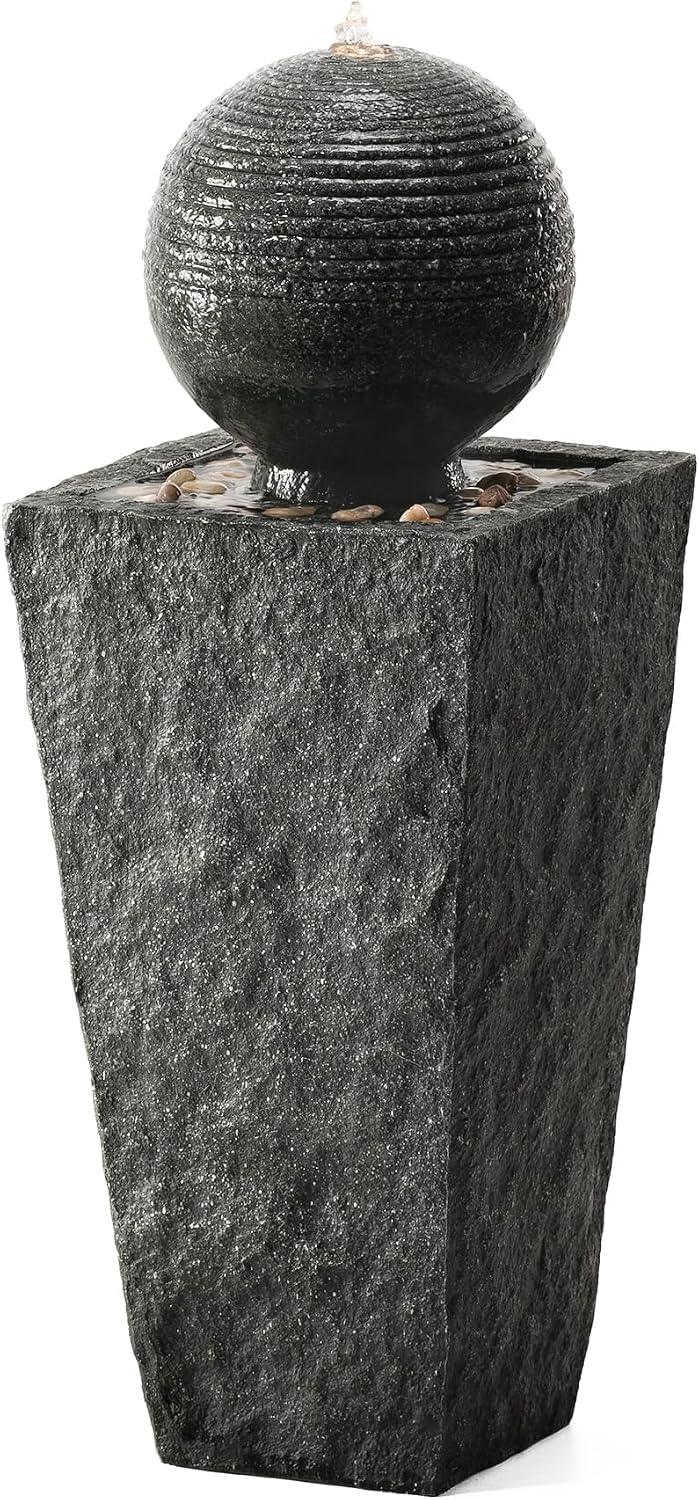 Glitzhome Outdoor Water Fountain, Outdoor Fountain with Pebbles, Pump and LED Light, 31.75" H Modern Geometric Pedestal and Sphere Polyresin Waterfall Fountain for Patio, Backyard, Garden, Deck Decor
