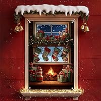 Vista 1 de Cartel navideño de ventana de 31.5 x 47 pulgadas con medias de Navidad, regalos, bastones de caramelo y chimenea, decoración al aire libre
