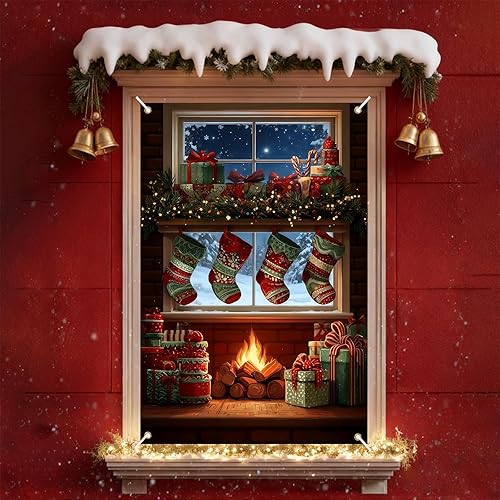 Cartel navideño de ventana de 31.5 x 47 pulgadas con medias de Navidad, regalos, bastones de caramelo y chimenea, decoración al aire libre con