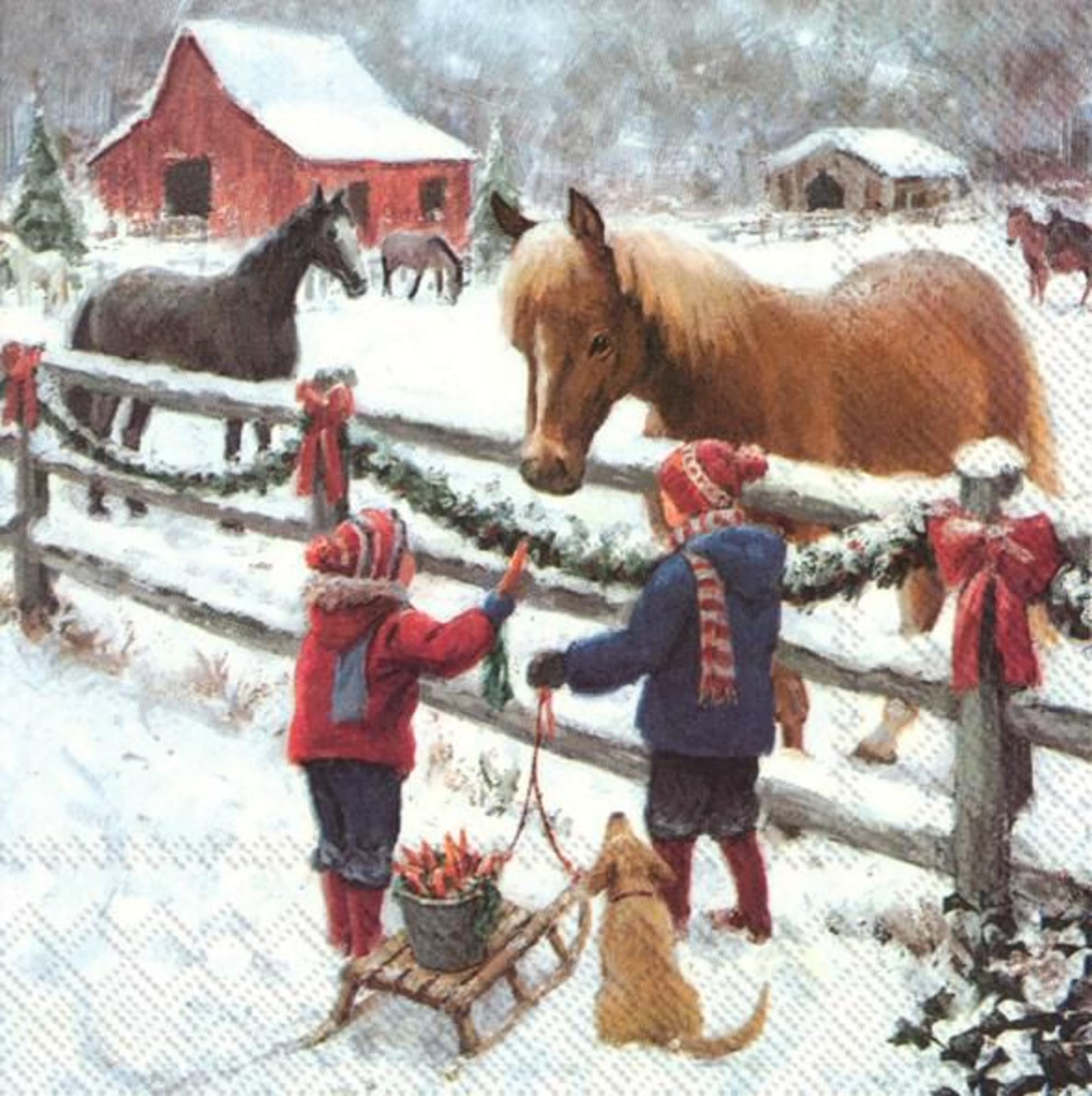 Set of 2 Individual Decoupage Paper Party Napkin Winter Children Horses Watercolor Decor Luncheon Napkins for a Birthday Holiday, Wedding, Cocktail Party