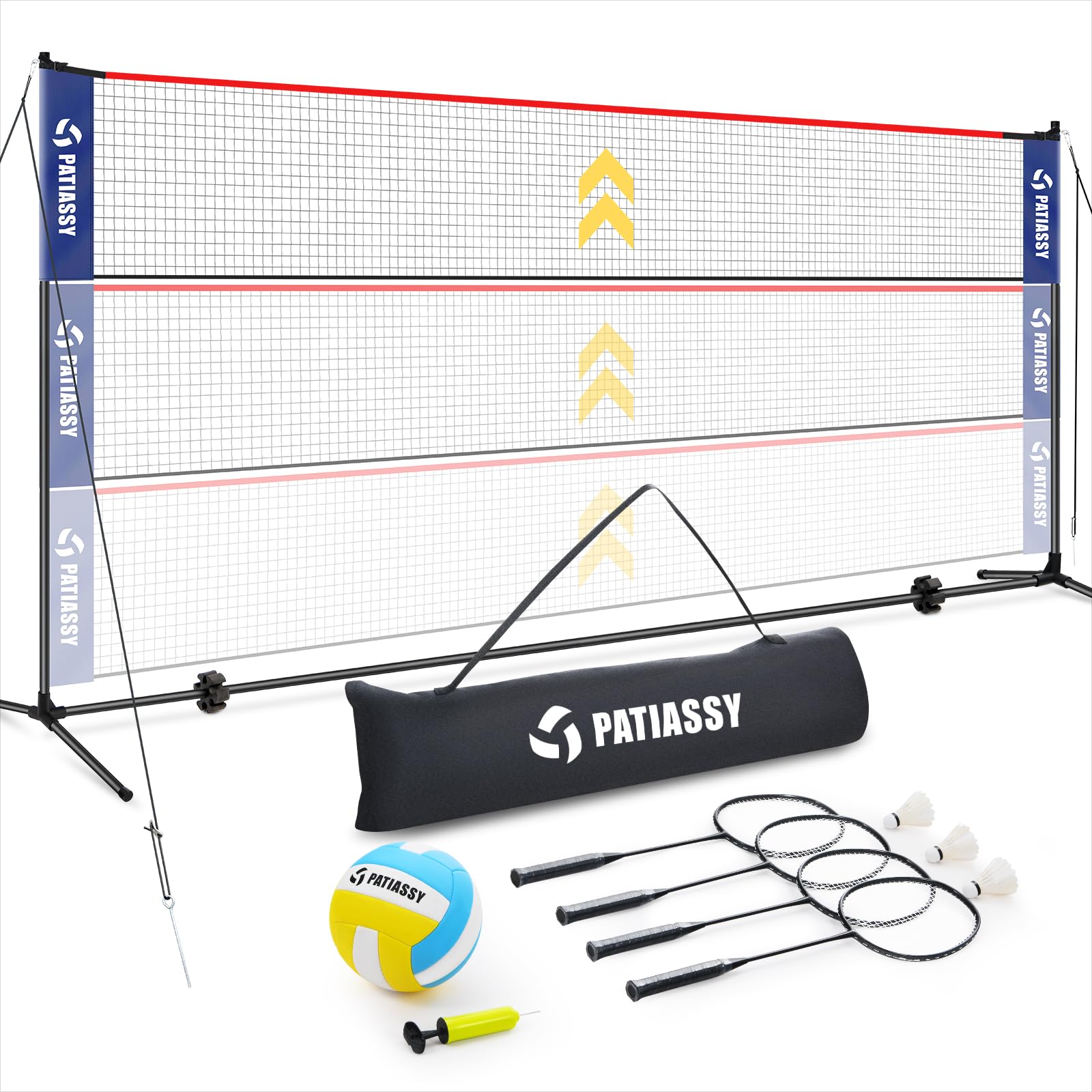 5.1ft-7.4ft Adjustable Height Volleyball Badminton Net Set 17ft Portable Sports Net with Poles, 4 Badminton Rackets, 3 Shuttlecocks and 1 Volleyball for Indoor Outdoor
