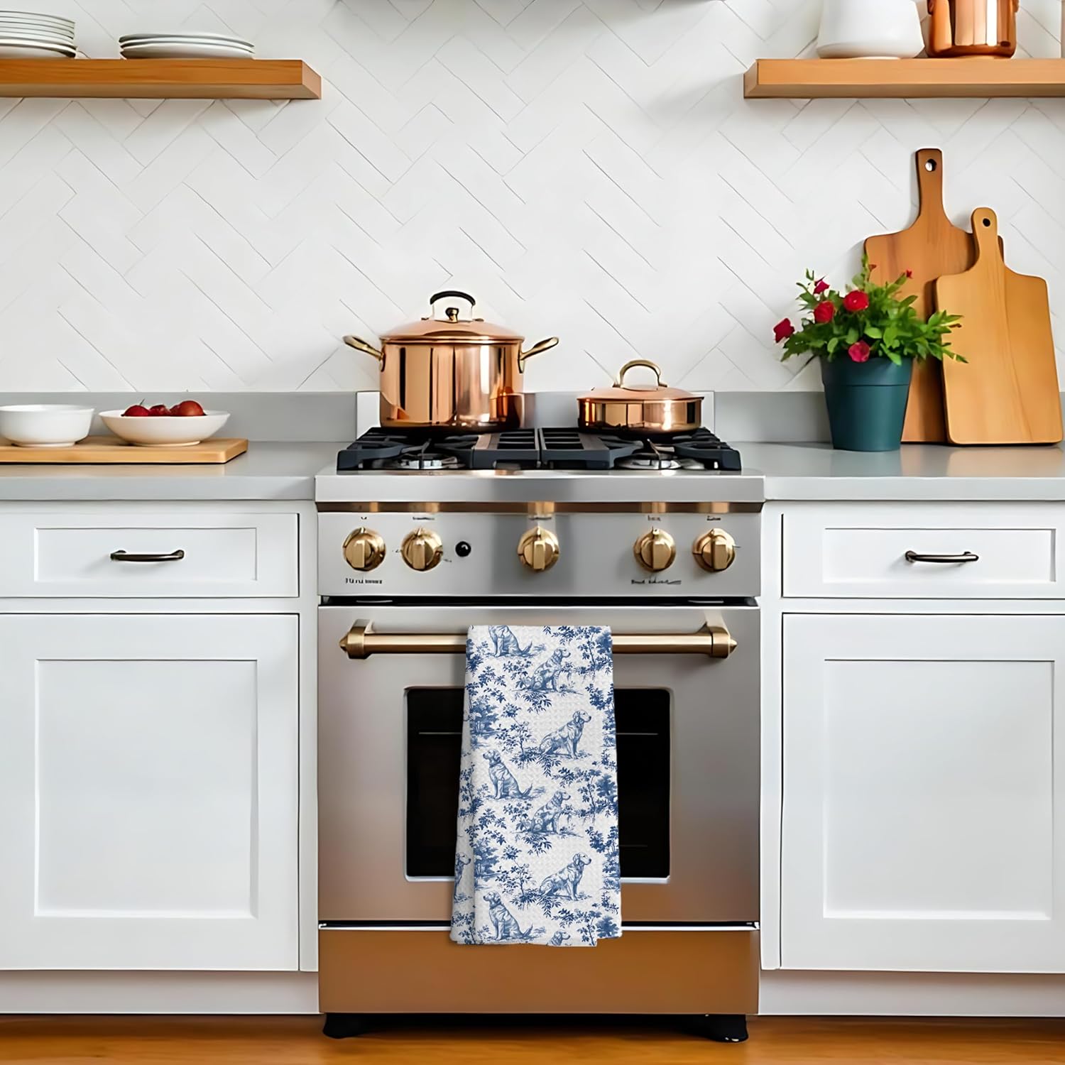 Chinoiserie Golden Retriever Kitchen Towels, Golden Retriever Gifts Decorative Dish Tea Towels, Blue and White Floral Grandmillennial Botanical Dog Hand Towels for Kitchen Bathroom, 16x24 Inch - Image 6