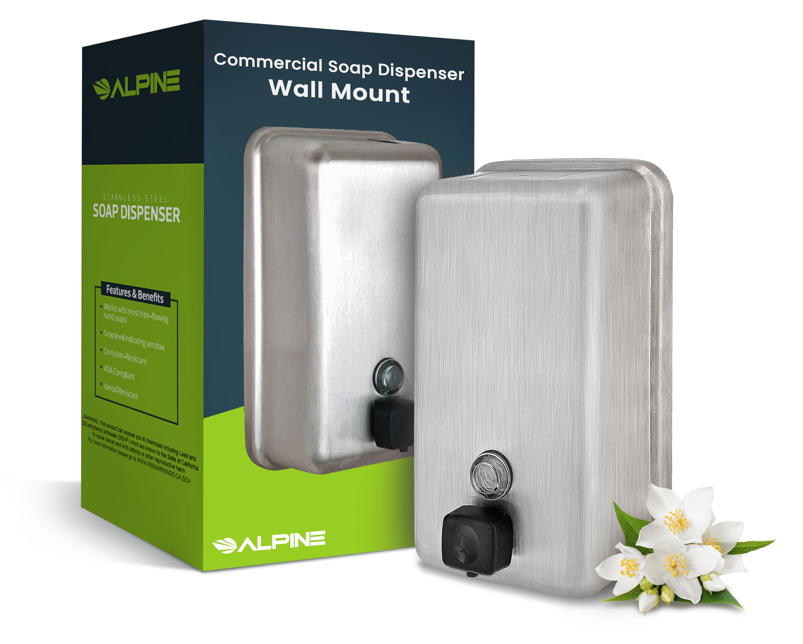 Alpine Stainless Steel Soap Dispenser Wall Mount - Commercial Liquid Wall Soap Dispenser for Bathroom, Kitchen, Refillable 1200 ml Large ADA Compliant (Vertical)