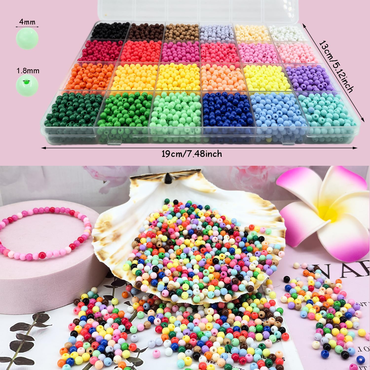 4800Pcs 4mm Acrylic Round Beads for Jewelry Making, 24 Colors Rainbow Round Beads for Bracelets Making Kit Candy Color Plastic Bubble Gum Beads Pastel Loose Beads Bulk for DIY Necklace Crafts - Image 5