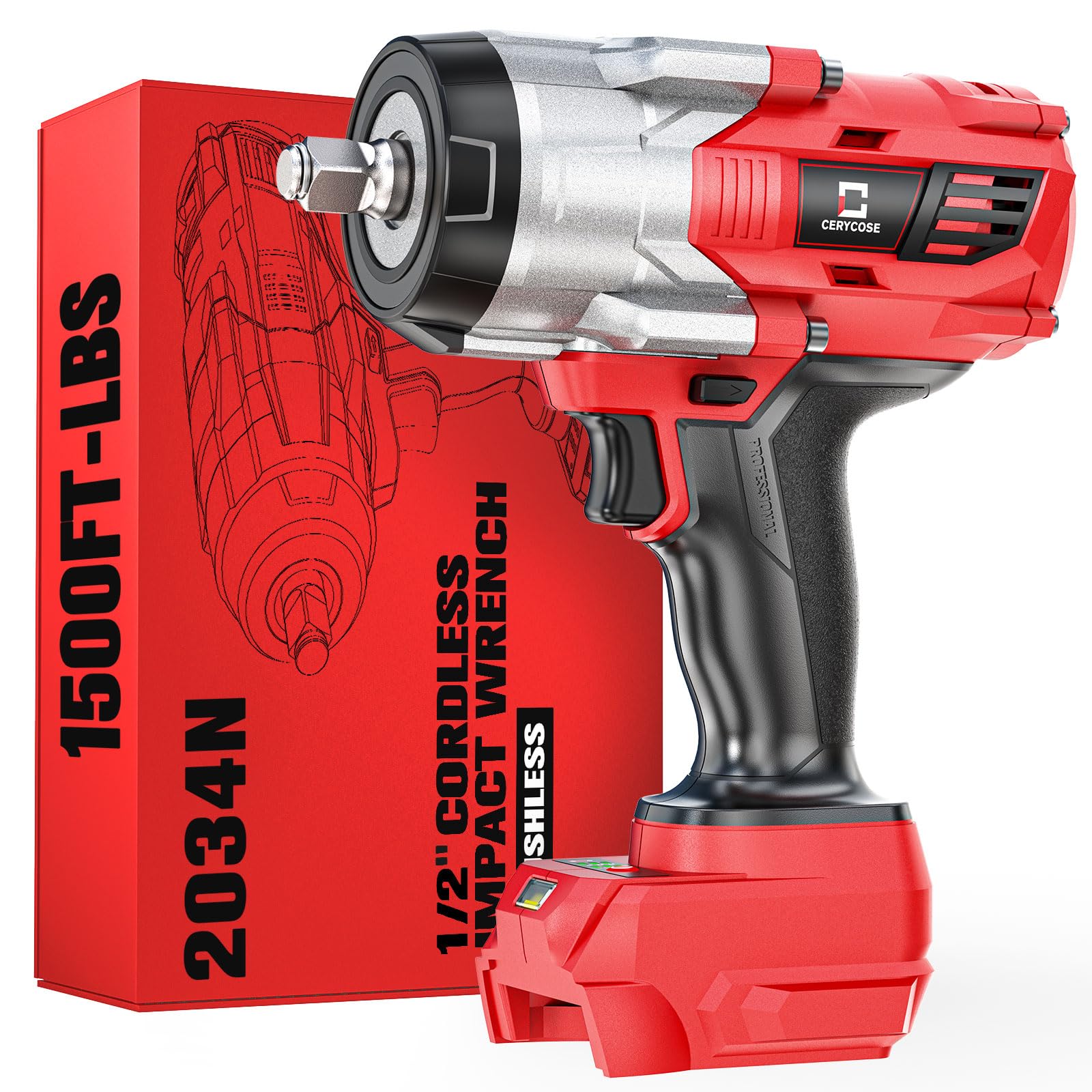 2000 N.m Cordless Impact Wrench 1/2" Compatible with Milwuakee 18V Battery