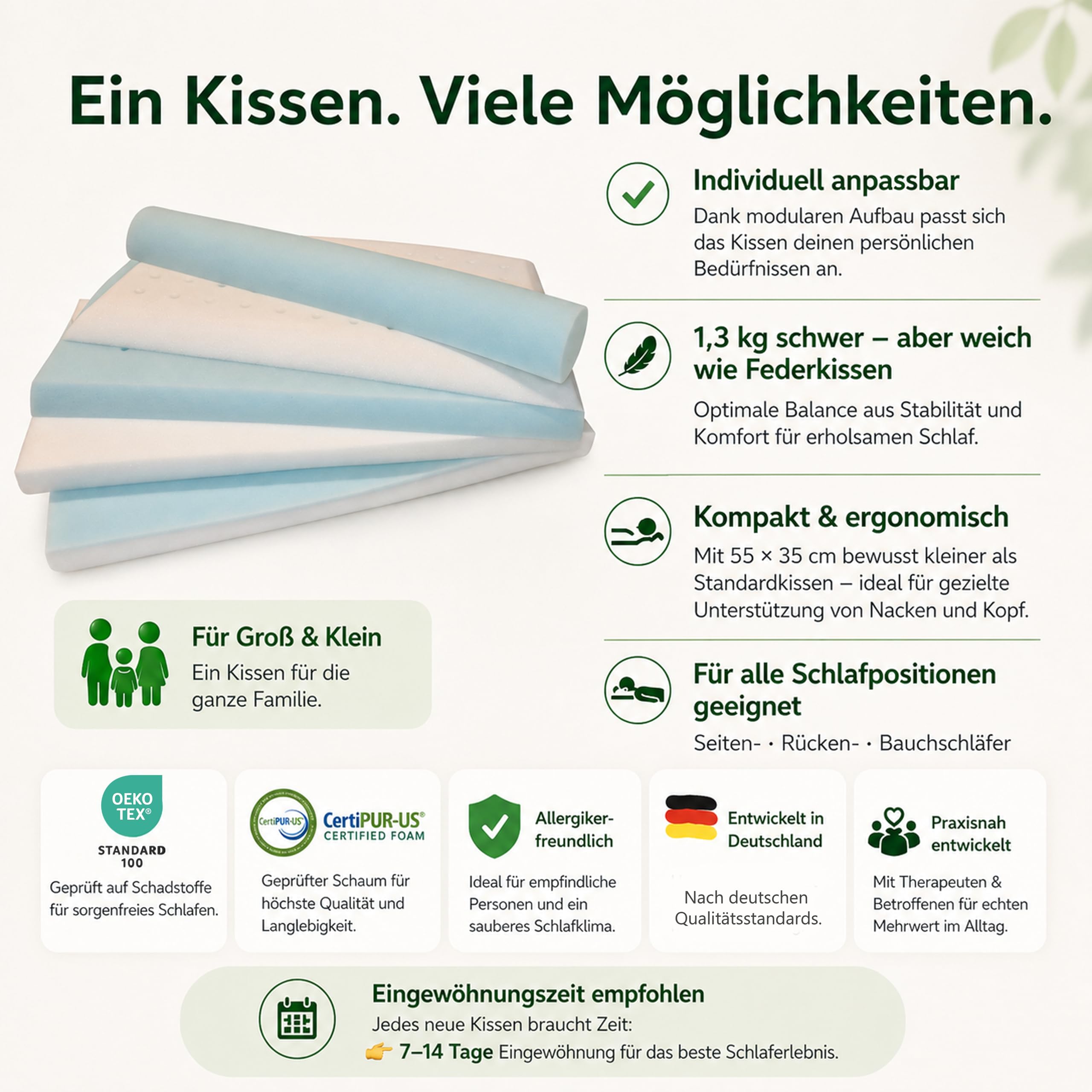 Nackenkissen Memory Foam – ergonomisches Kopfkissen 55x35x12 cm, höhenverstellbar -Seitenschläferkissen -Bauchschläferkissen - Rückenschläferkissen