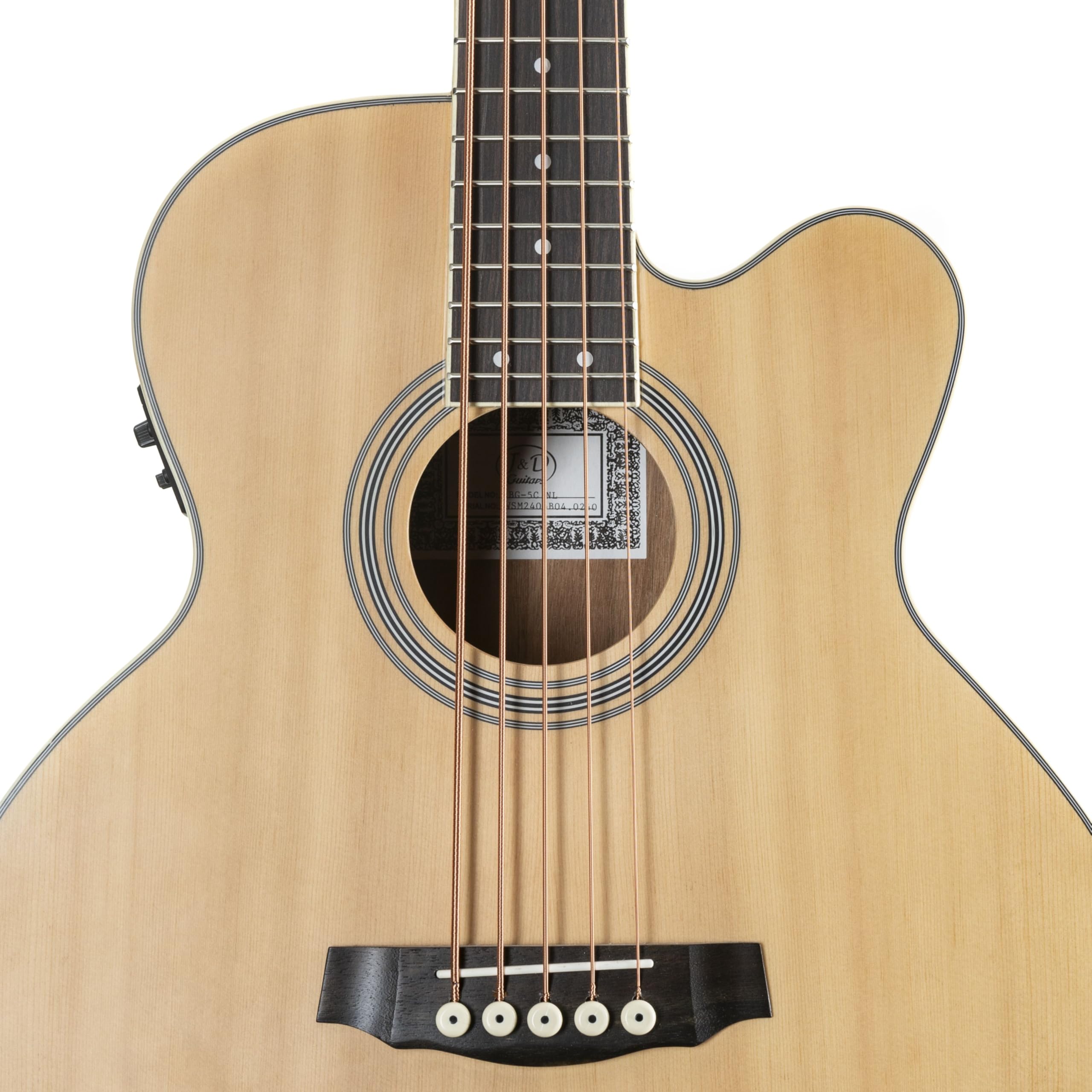 5-Saiter Akustikbass Jumbo Natural, Fichtendecke, Mahagoni-Korpus, Ahornhals, Tonabnehmer, 34" Longscale, Cutaway, Matt-Finish, Integriertes Stimmgerät