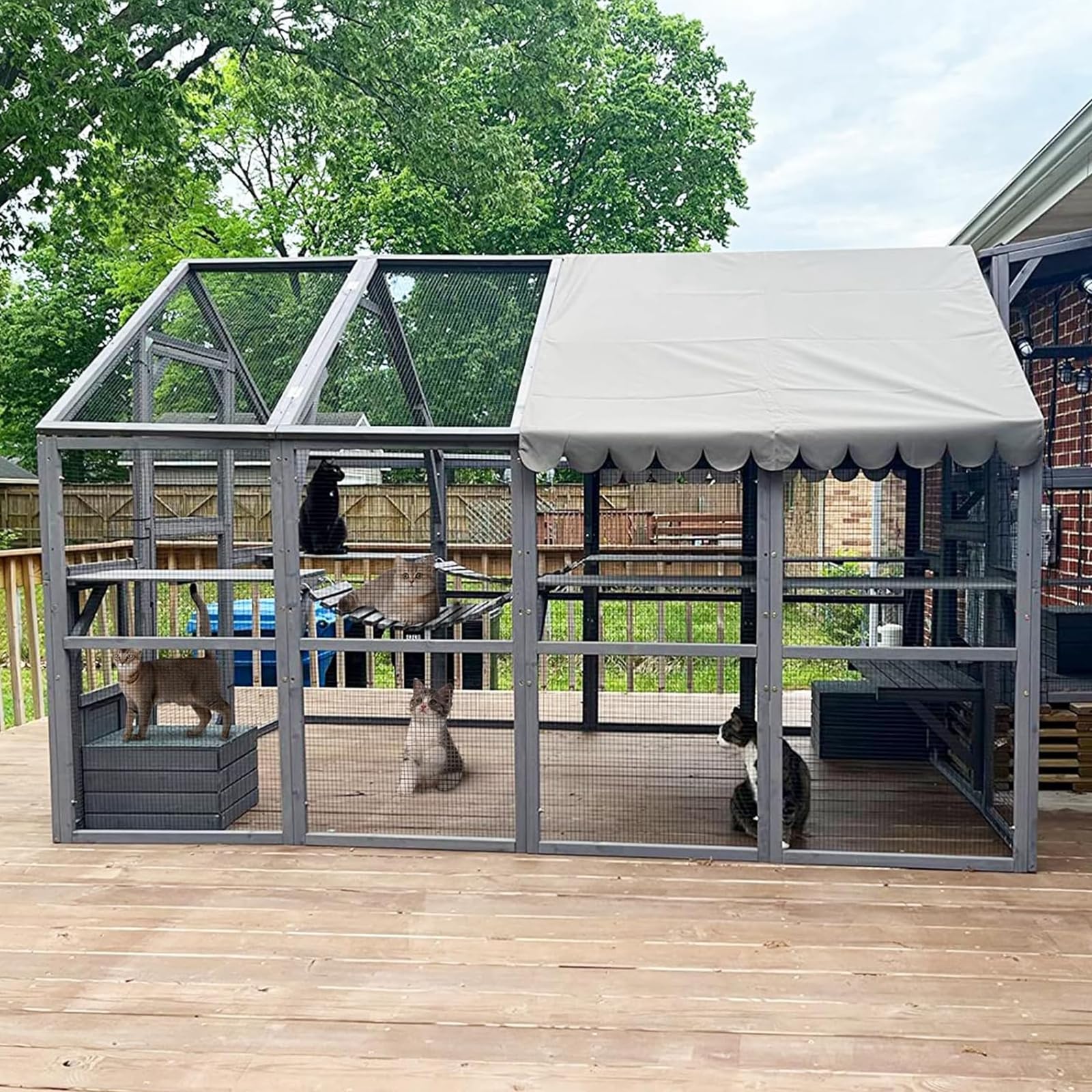 Aivituvin Catio Outdoor Cat Enclosure Large Cat Houses for 8-15 Cats,Kitty House with Resting Box,Bridges,Walks,Waterproof Tarp Roof, 110.2" L x 73.9" W x 73.7" H