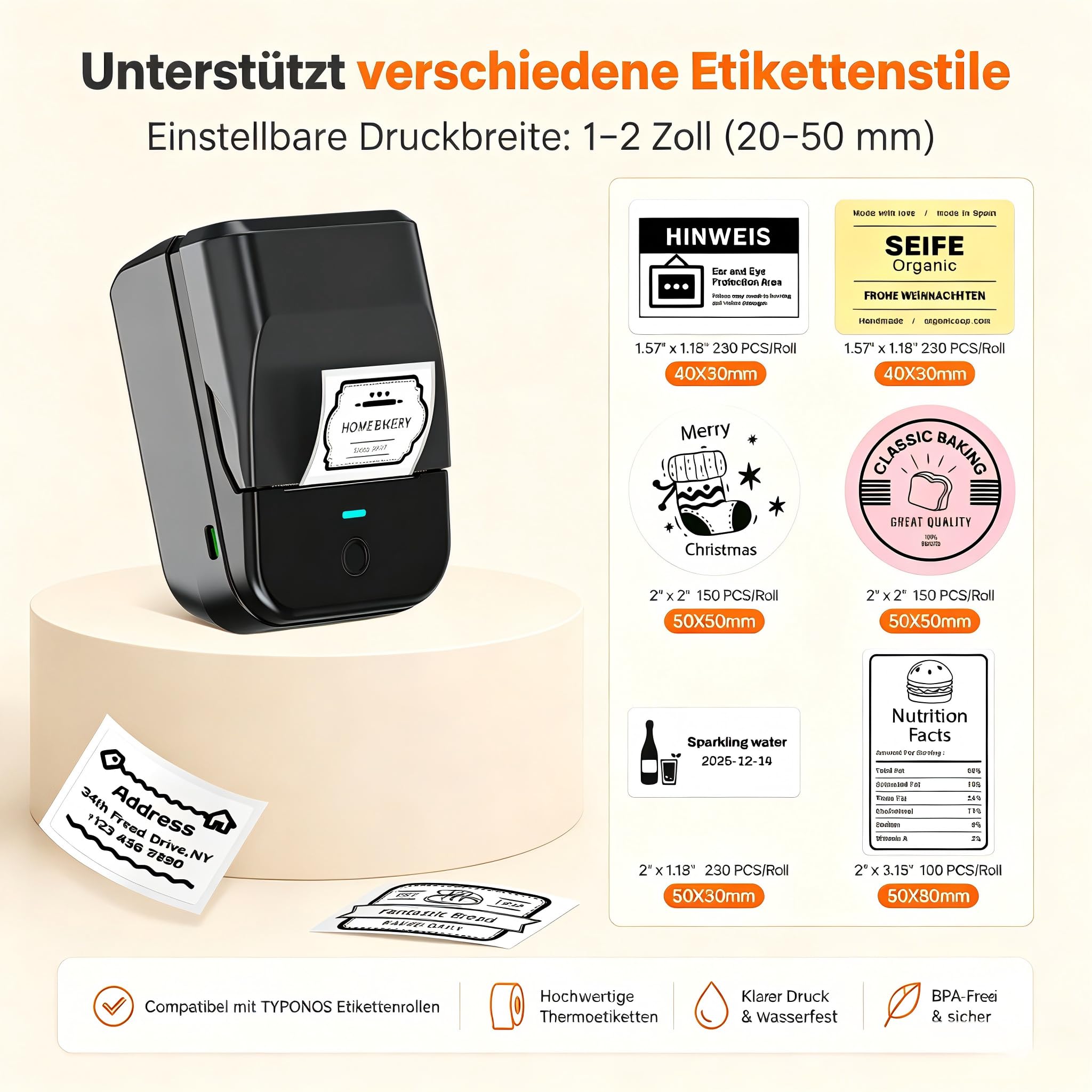 PM240 Bluetooth Etikettendrucker,Label Printer mit 3 Rollen,Schwarz