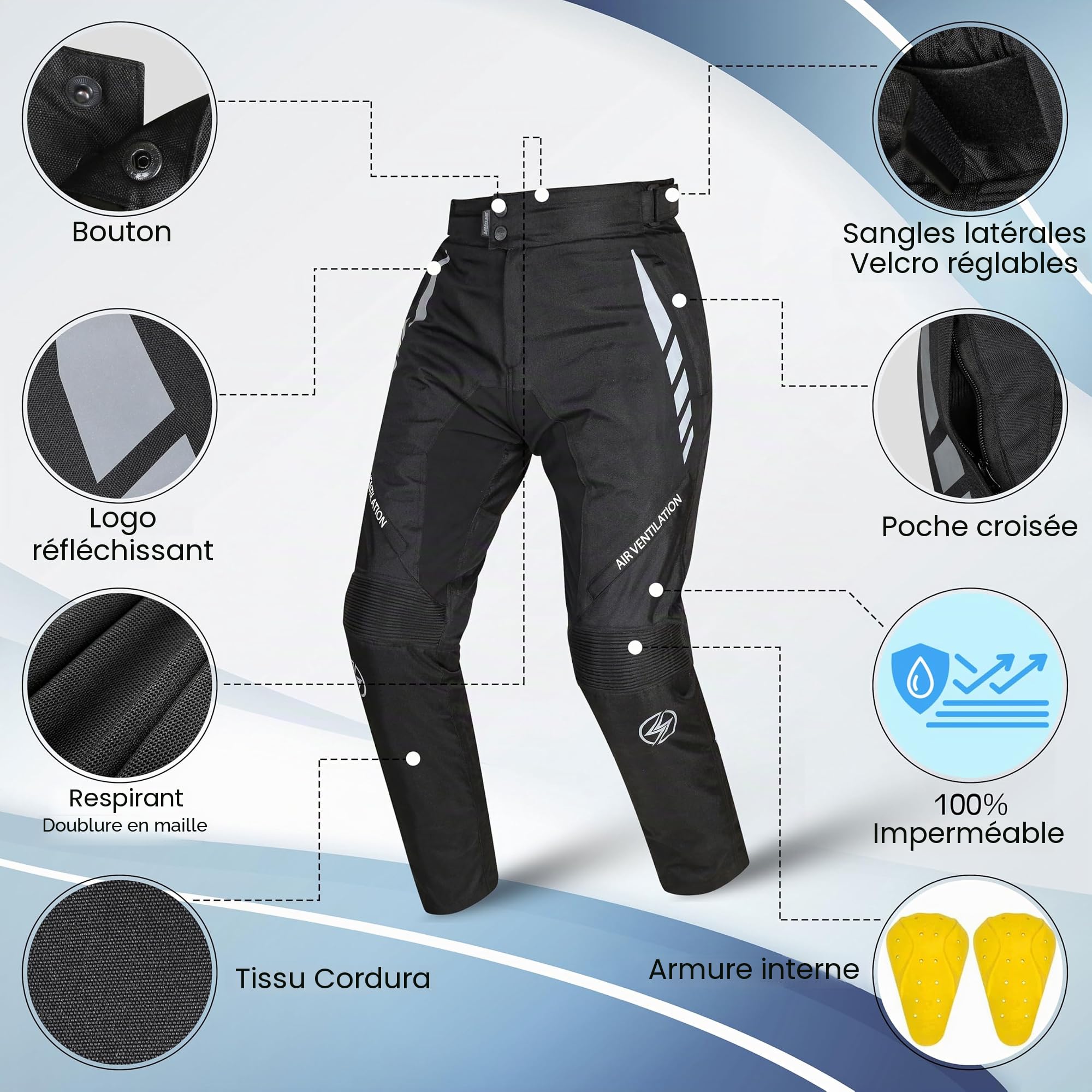 Generico Storm Pantalon Moto Homme 3 Couches 4 Saisons Technique avec Protections CE Amovibles, imperméable avec Doublure Amovible