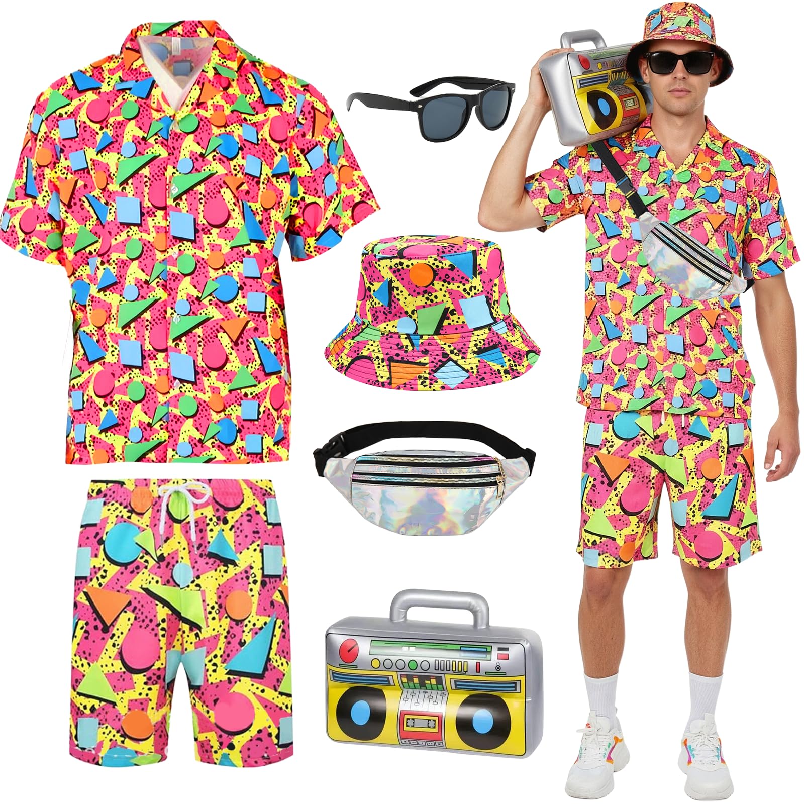 YAEGIMHT 80s 90s Fancy Dress Men, Hip Hop Shell Suit with Accessories for Adults, Retro 80s 90s Button Shirts Costume Outfits, 80s Tracksuit for Halloween Carnival Disco Party Dress Up (Red, M)