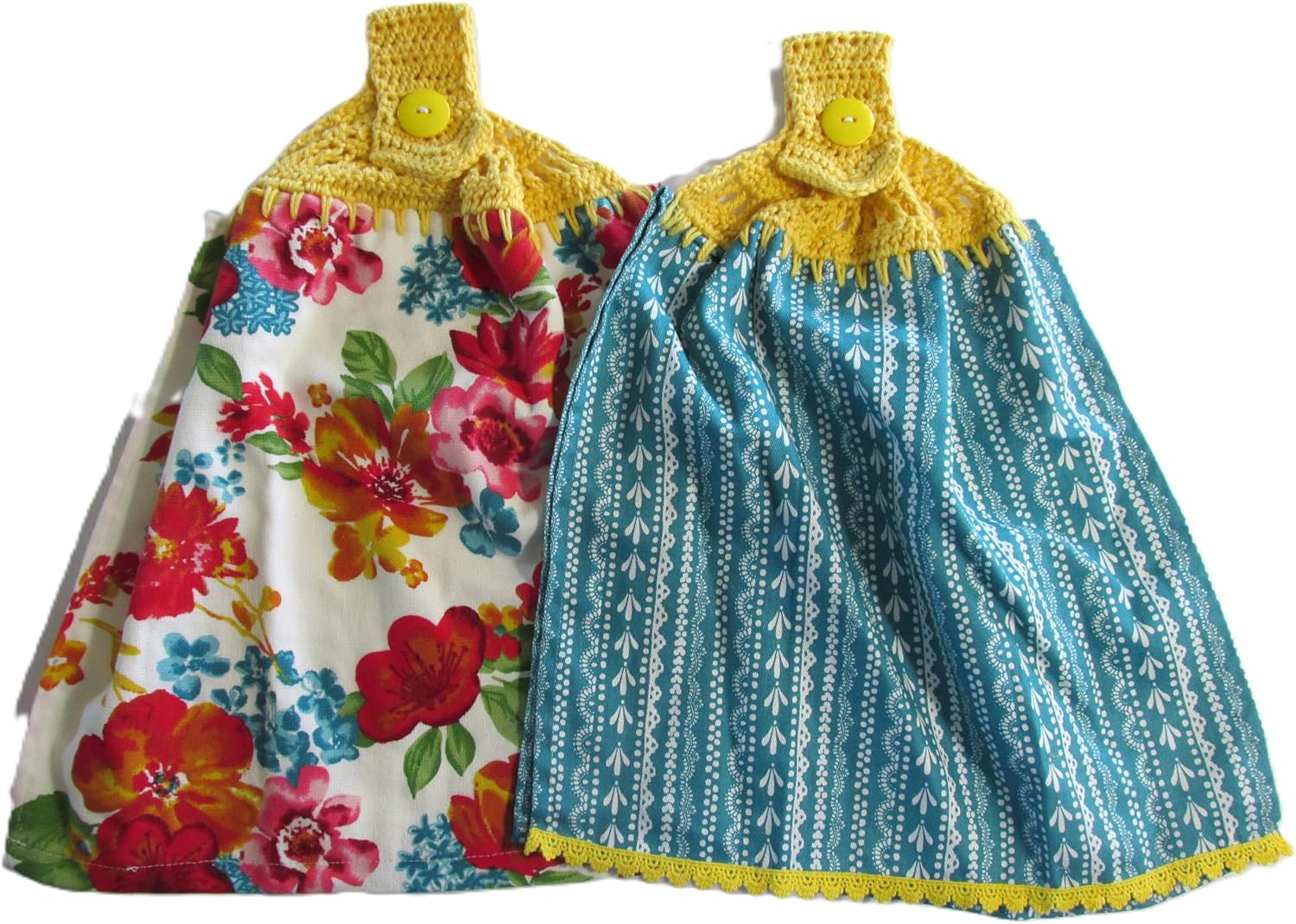 Set of 2 Wildflower Whimsy Double Layer Hanging Kitchen Hand Towels Yellow Crochet Top Towels