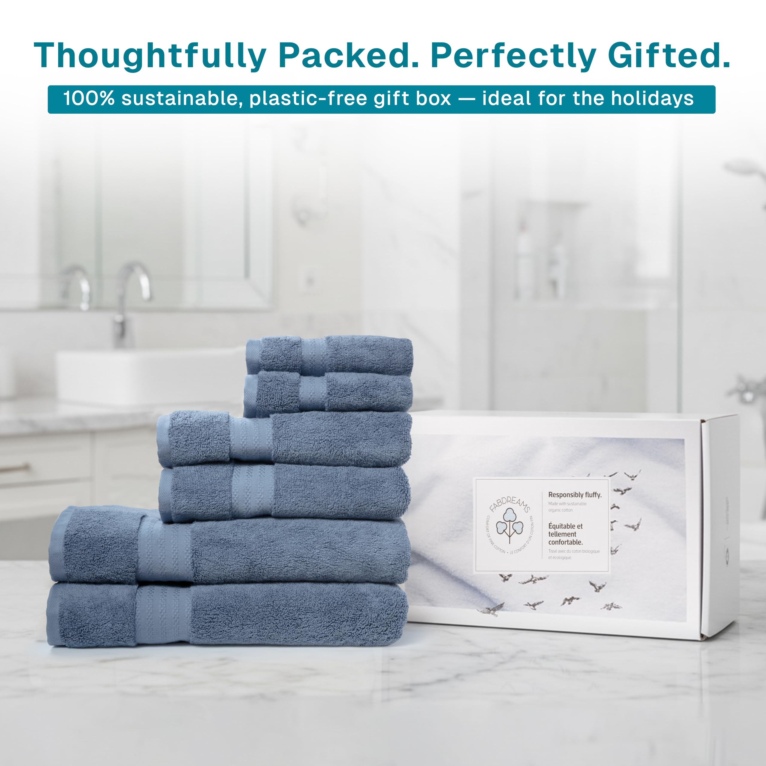 Lot de 6 Serviettes de Bain 100% Coton Bio – Certifiées GOTS – Serviettes de qualité hôtelière – 700 g/m² – 2 Serviettes de Bain de 30 x 144 cm – 2 essuie-Mains de 40,6 x 76,2 cm – 2 débarbouillettes
