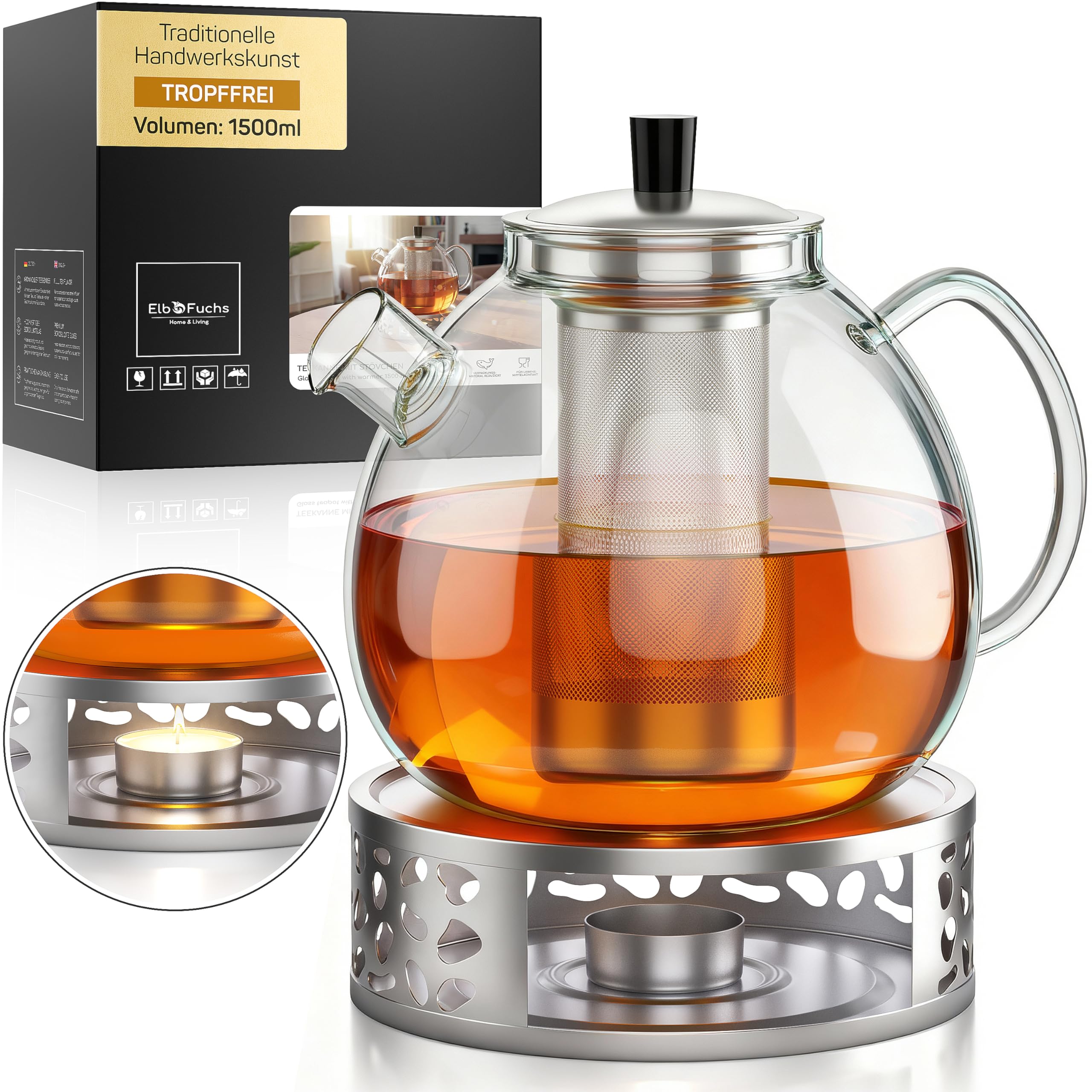 ElbFuchs® Teekanne Glas 1,5 Liter mit Siebeinsatz und Stövchen - Borosilikatglas - Glaskanne mit Edelstahl-Filter, tropffrei - Teezubereiter für losen Tee, Kräutertee und Teeblumen