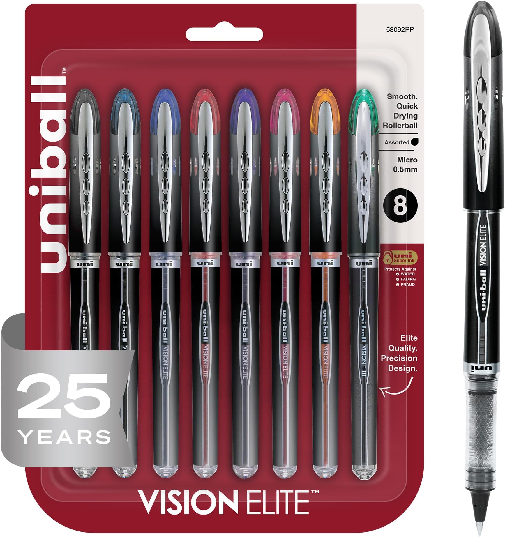 uniball Vision Elite Rollerball Pens, Micro Point (0.5mm), Assorted Colors, 8 Pack