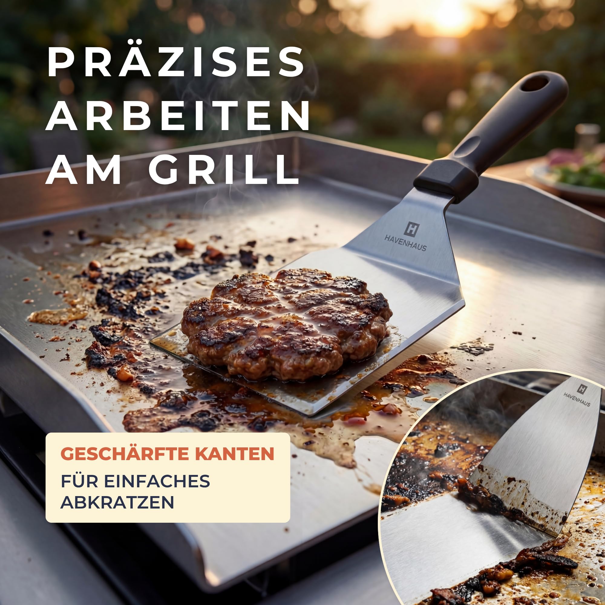 𝗛𝗔𝗩𝗘𝗡𝗛𝗔𝗨𝗦 Grillplatte Edelstahl [40x30cm] Set XXL mit umfassendem Smash Burger Zubehör | 6-teilig Premium Set Plancha, Burgerpresse, Burgerglocke& Grillspachtel I Smash Burger Set für Zuhause