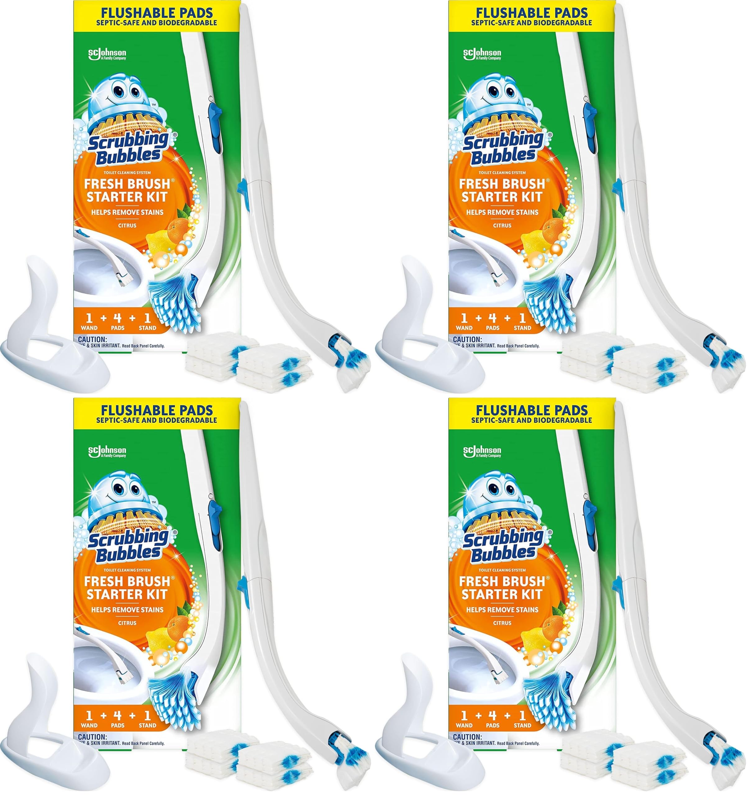 Scrubbing Bubbles Toilet Bowl Brush and Holder with Cleaner Refill Pads, Fresh Brush Toilet Wand Starter Kit, Cleans Limescale &amp; Fights Odors, Citrus Scent, 1 Wand + 4 Refills + 1 Stand (Pack of 4)