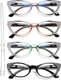 EYEURL Cat Eye Reading Glasses for Women - Blue Light Blocking 4 Pack Ladies Fashion Readers with Flexible Spring Hinges, Anti-Glare&UV Rays +1.50 Eyeglasses, Black/Brown/Green/Purple